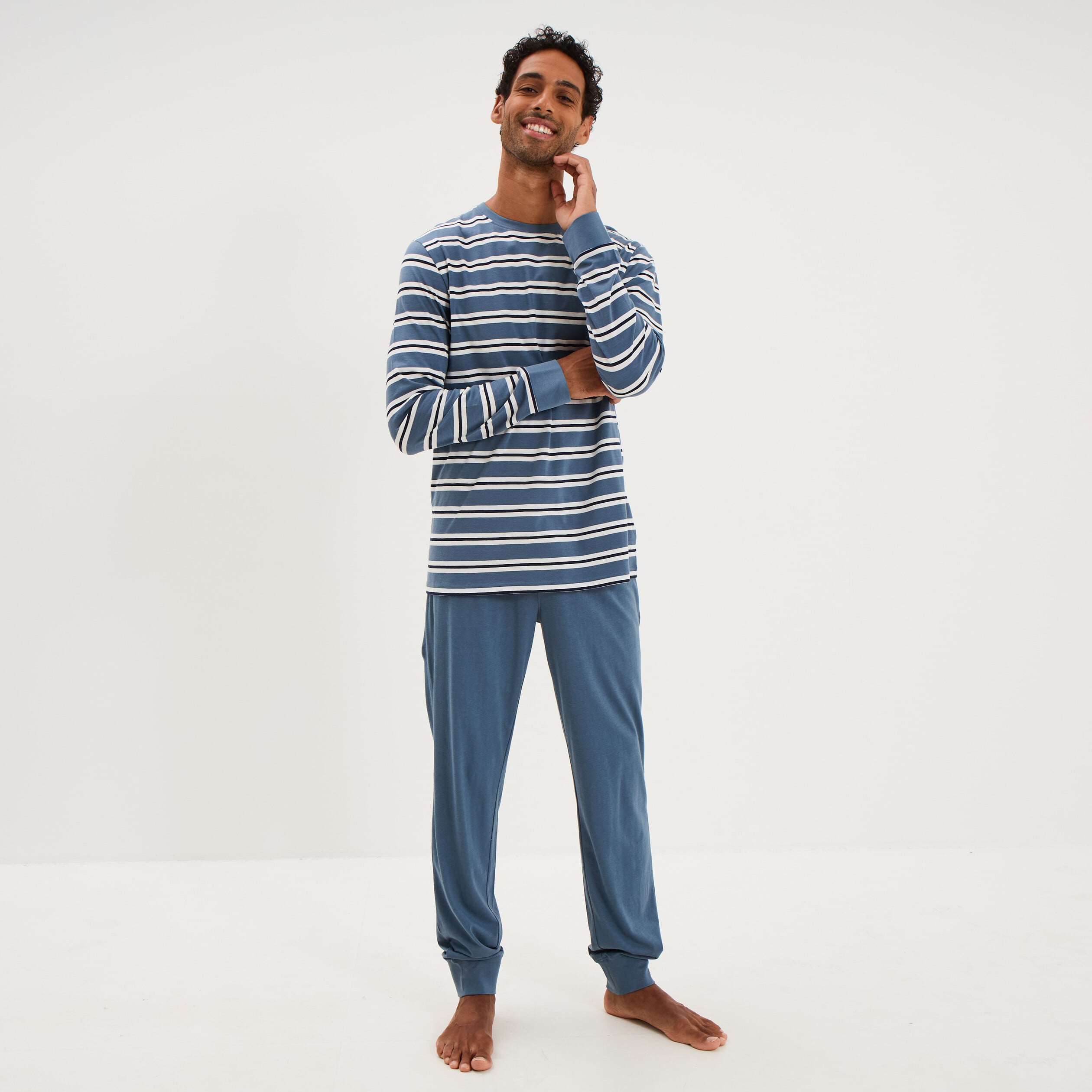 Ensemble pyjama pantalon t-shirt coton bleu fonc&eacute; homme