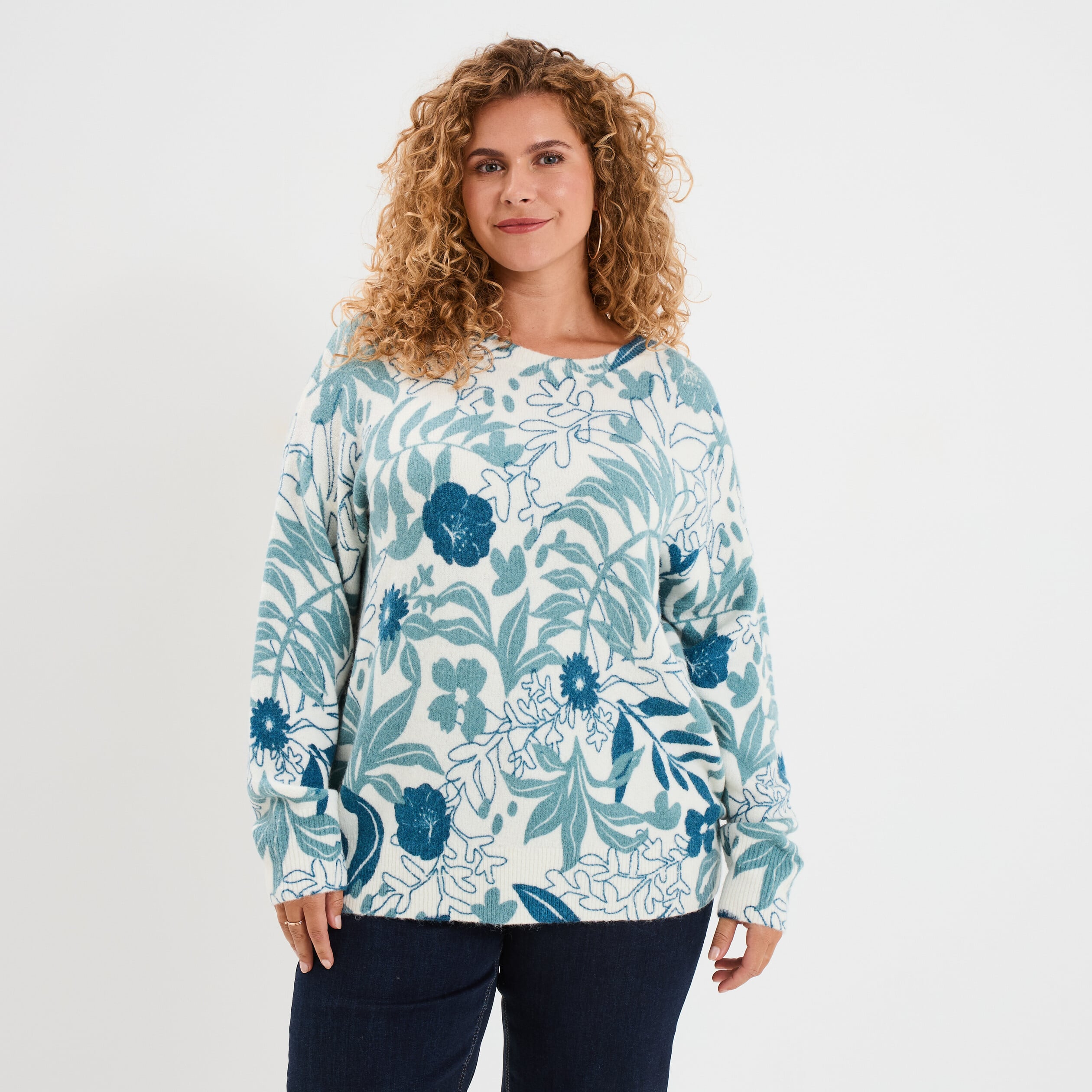 Pull col rond manches longues ecru femme grande taille