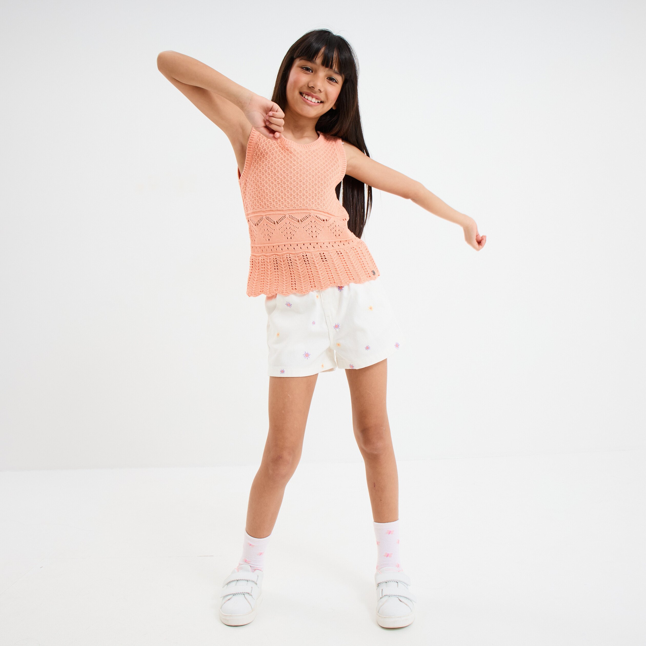 debardeur tricot ajoure coton rose saumon fille Débardeur tricot ajouré coton rose saumon fille