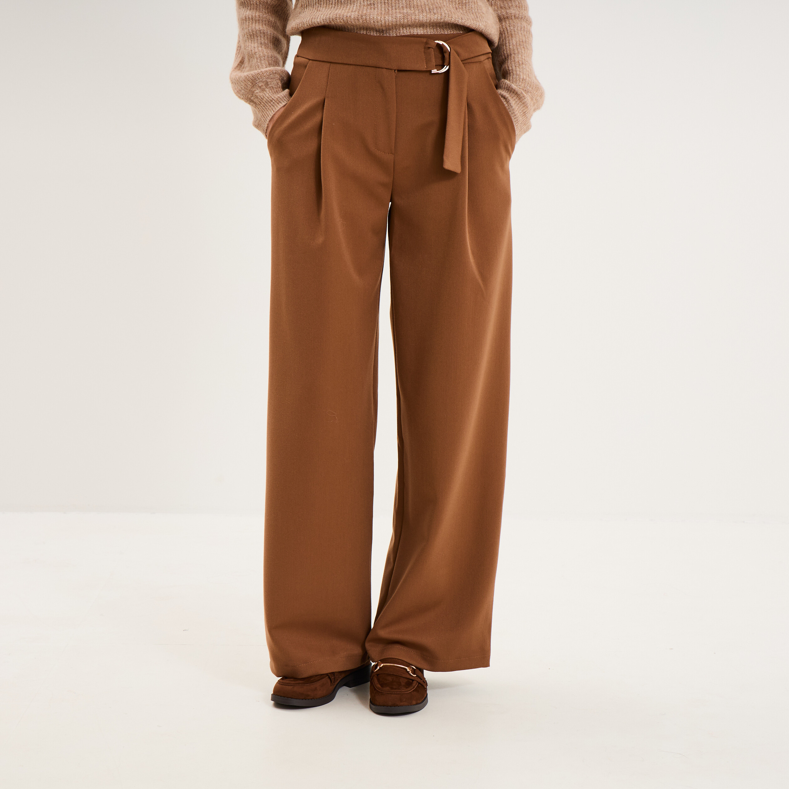 Pantalon large fluide avec ceinture marron clair femme