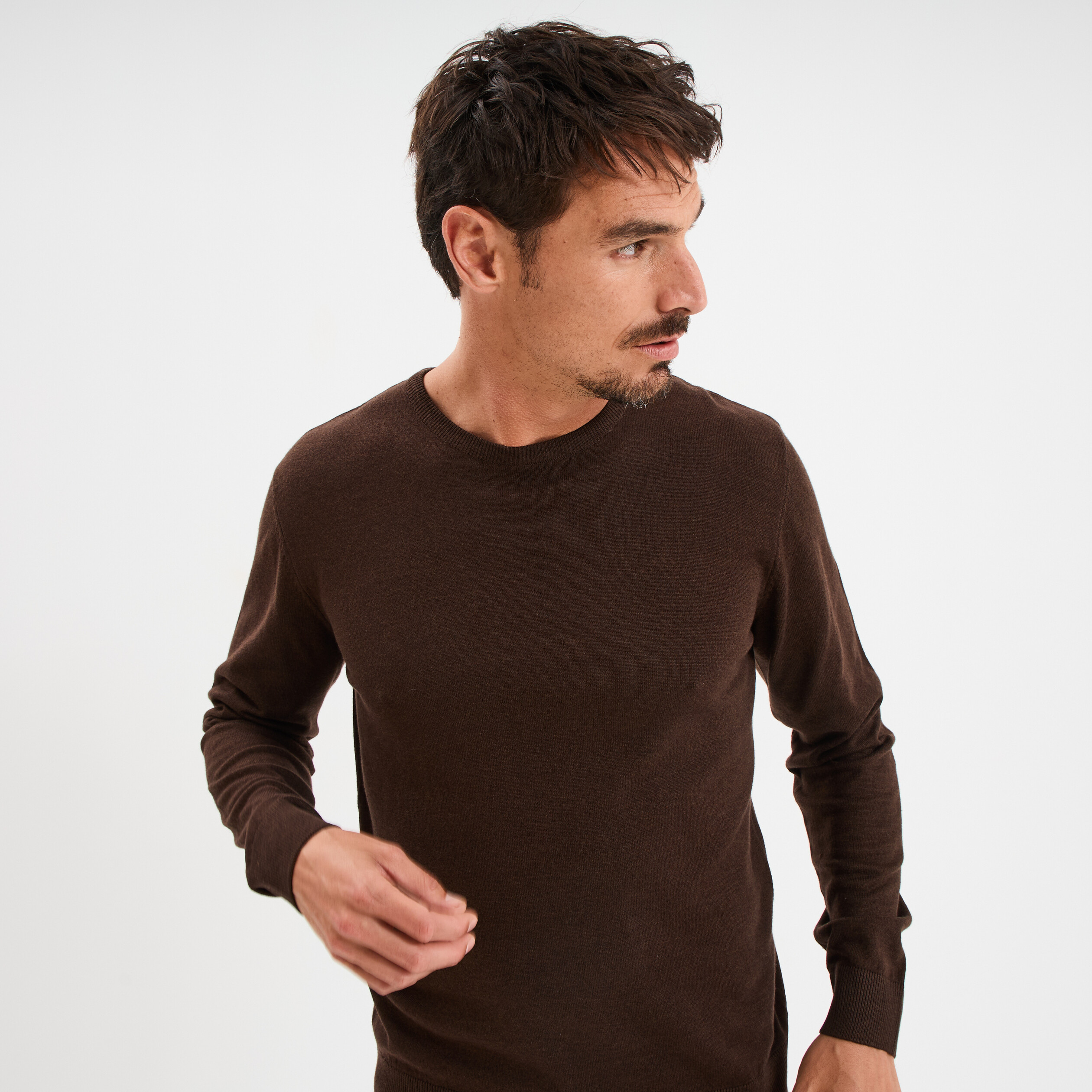 Pull droit col rond coton m&eacute;lang&eacute; marron fonc&eacute; homme