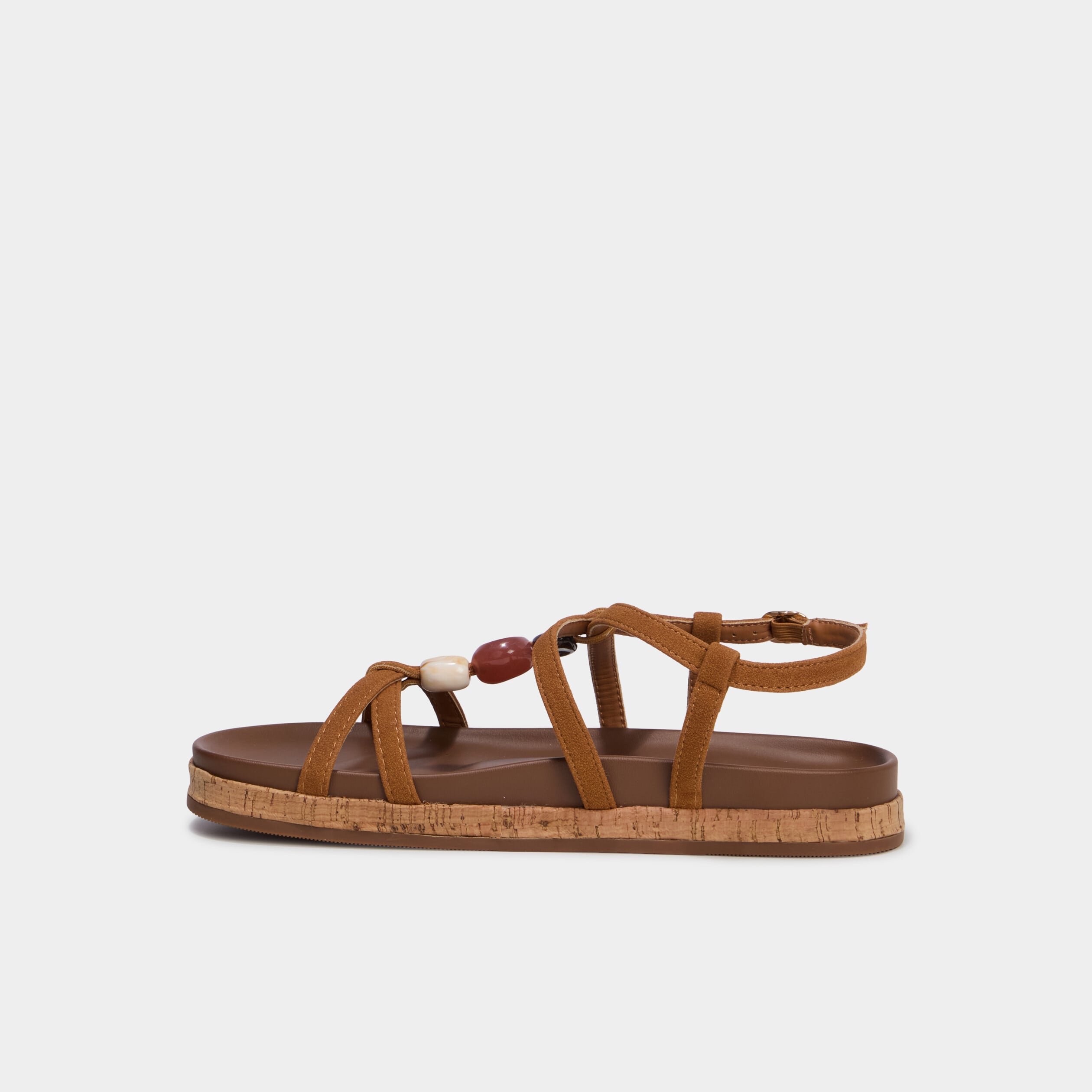 Sandales plates avec d&eacute;tails perles marron femme
