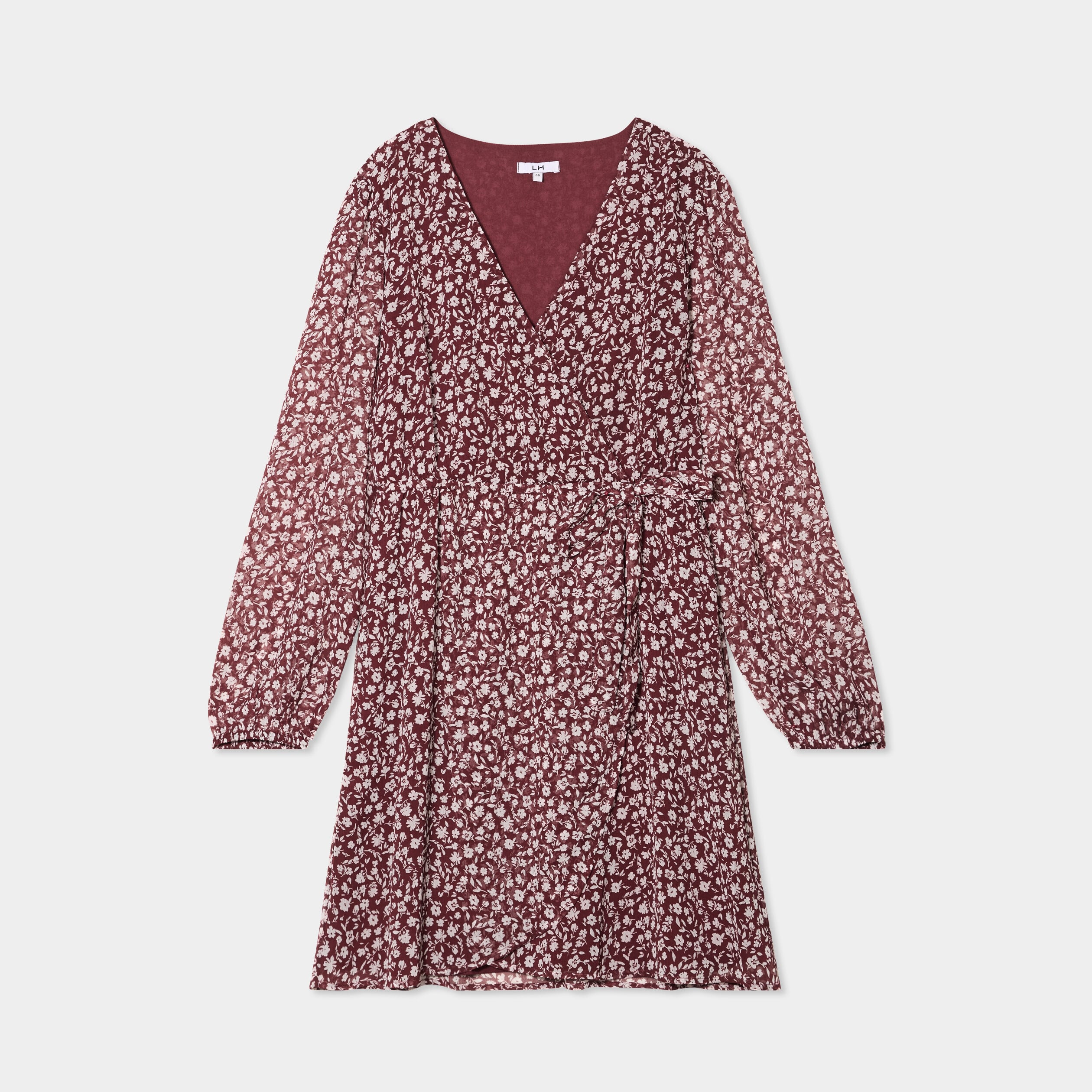Robe manches longues col cache-coeur bordeaux femme