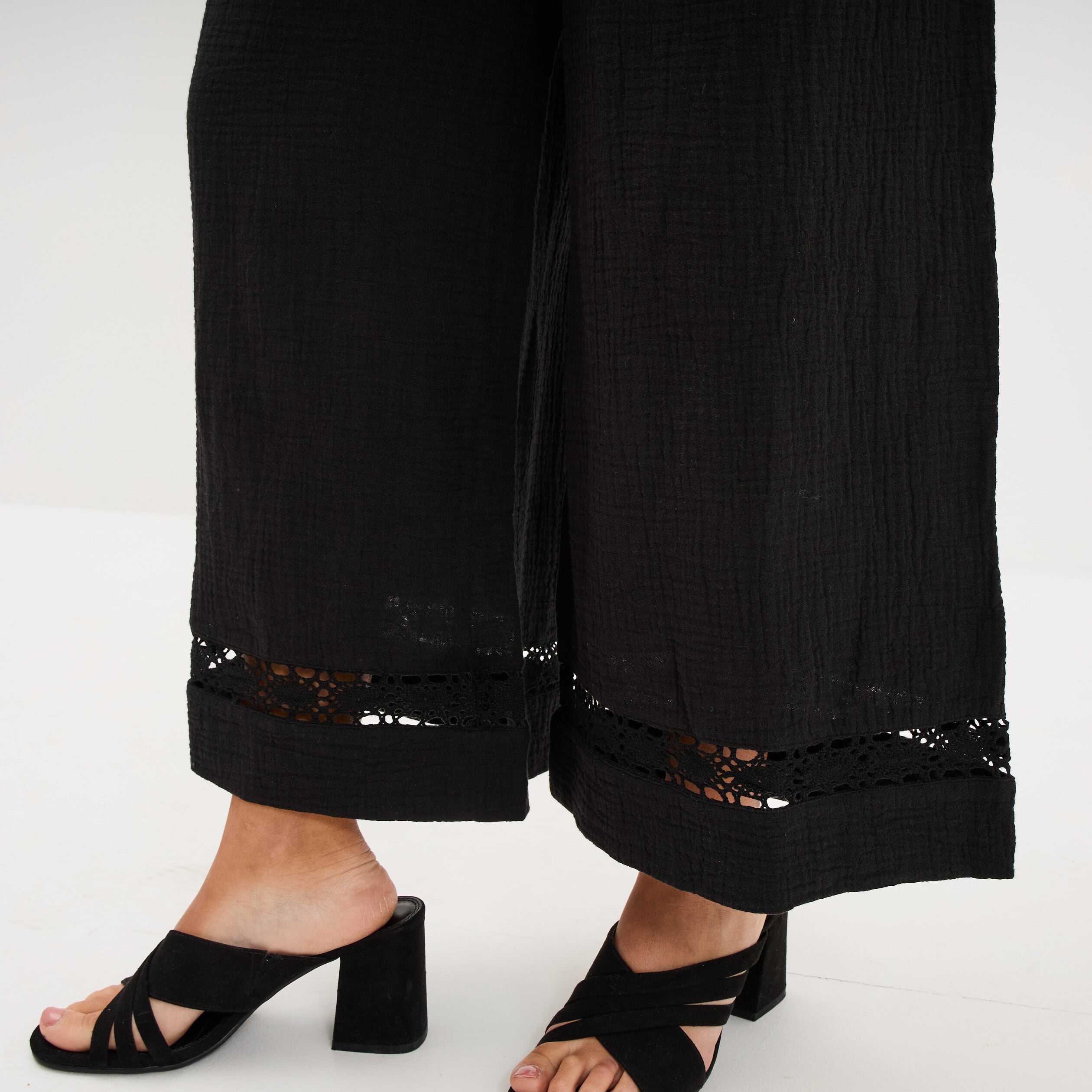 Pantalon large &eacute;lastiqu&eacute;e gaze coton noir femme