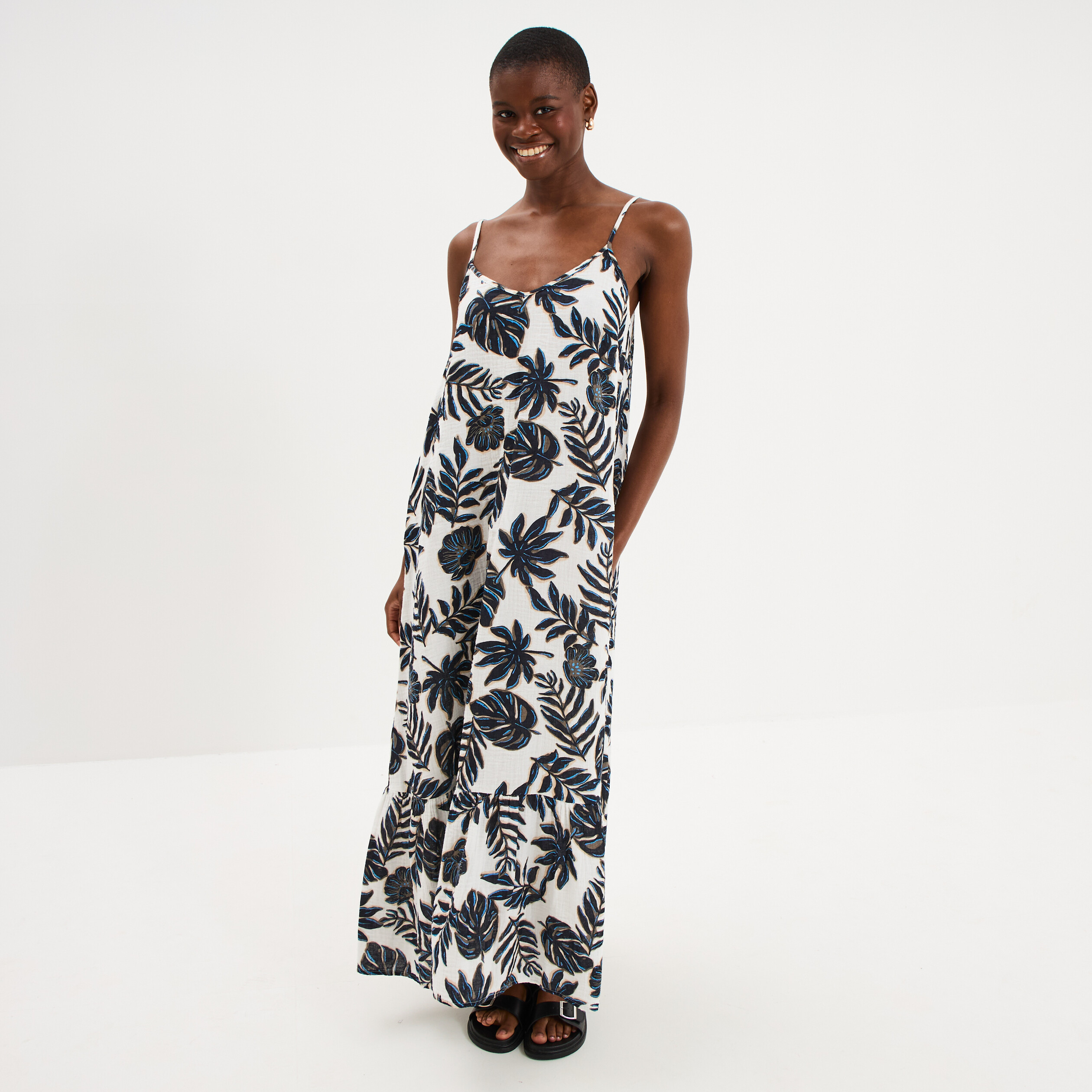 Robe longue &agrave; bretelles &eacute;vas&eacute;e coton ecru femme