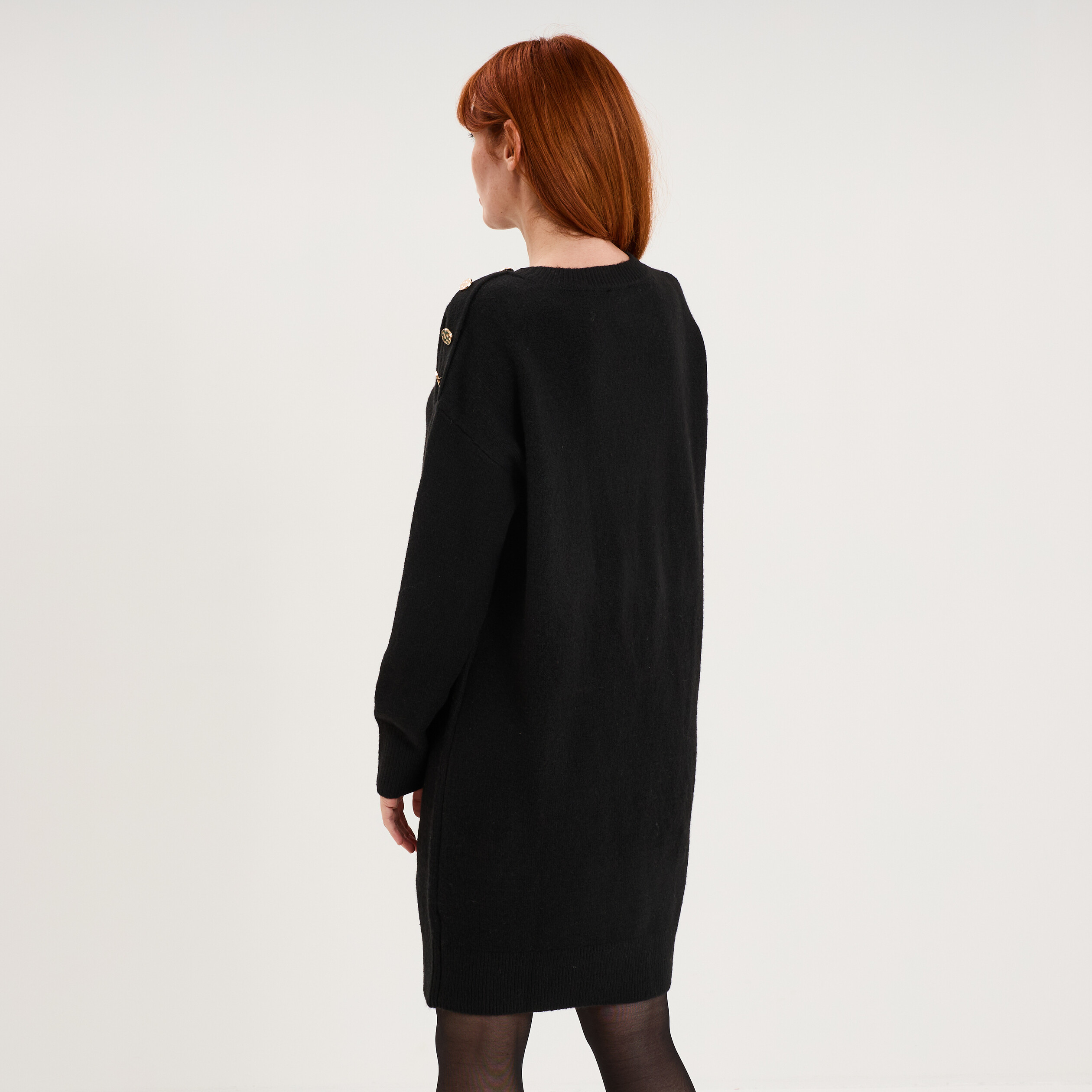 Robe pull longueur genou boutons &eacute;paule noir femme