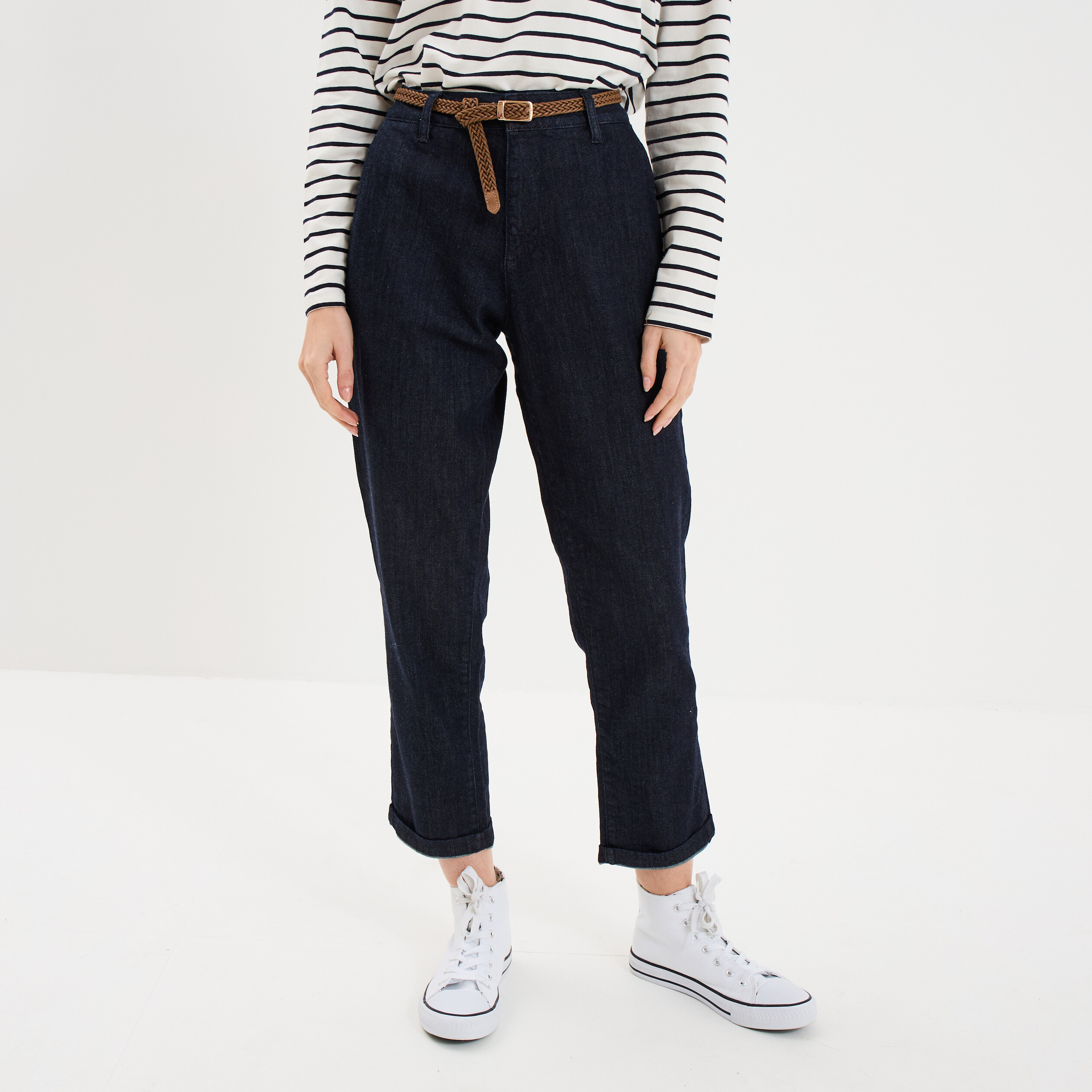 Jean chino droit avec ceinture denim brut femme