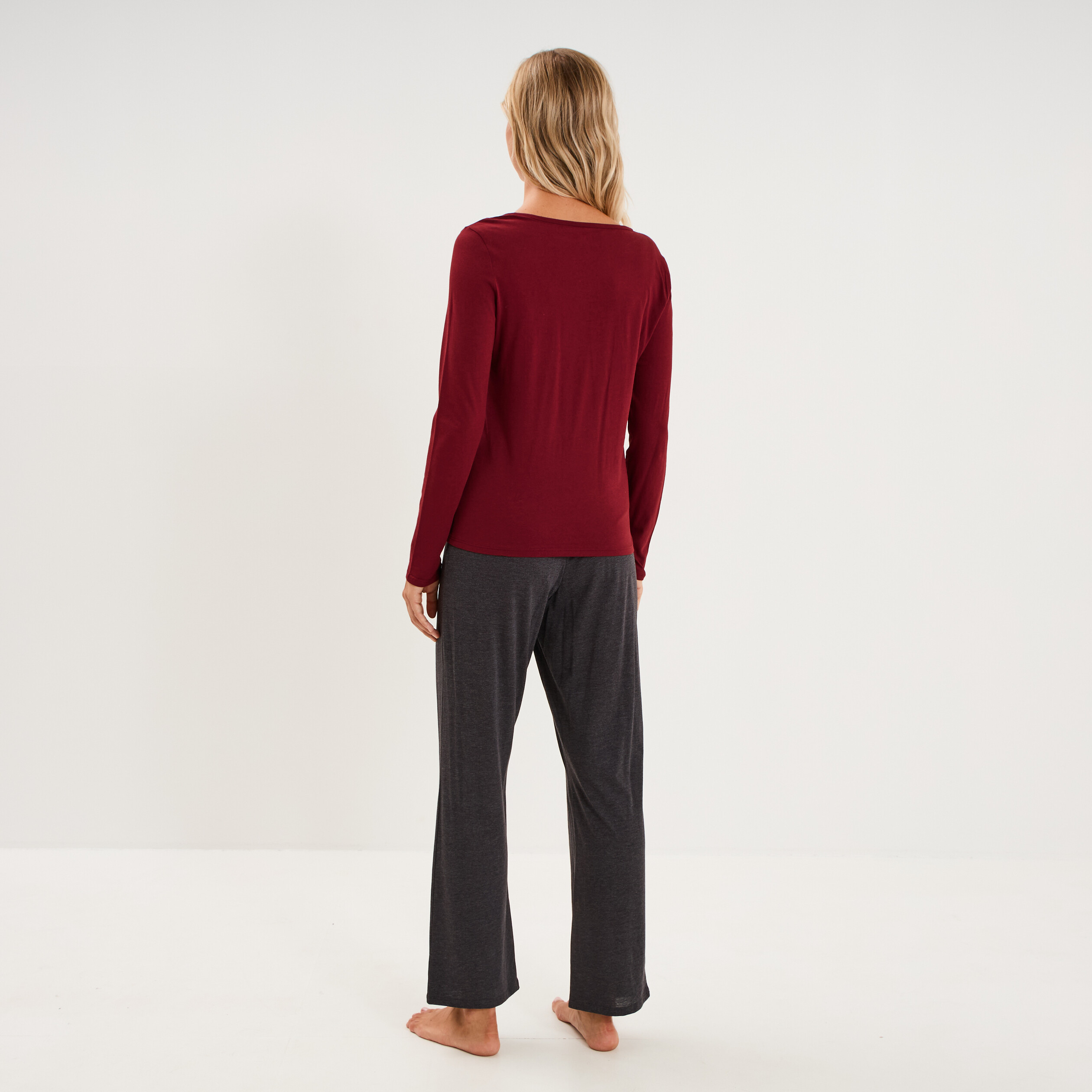 Ensemble pyjama pantalon 2 pi&egrave;ces coton bordeaux femme