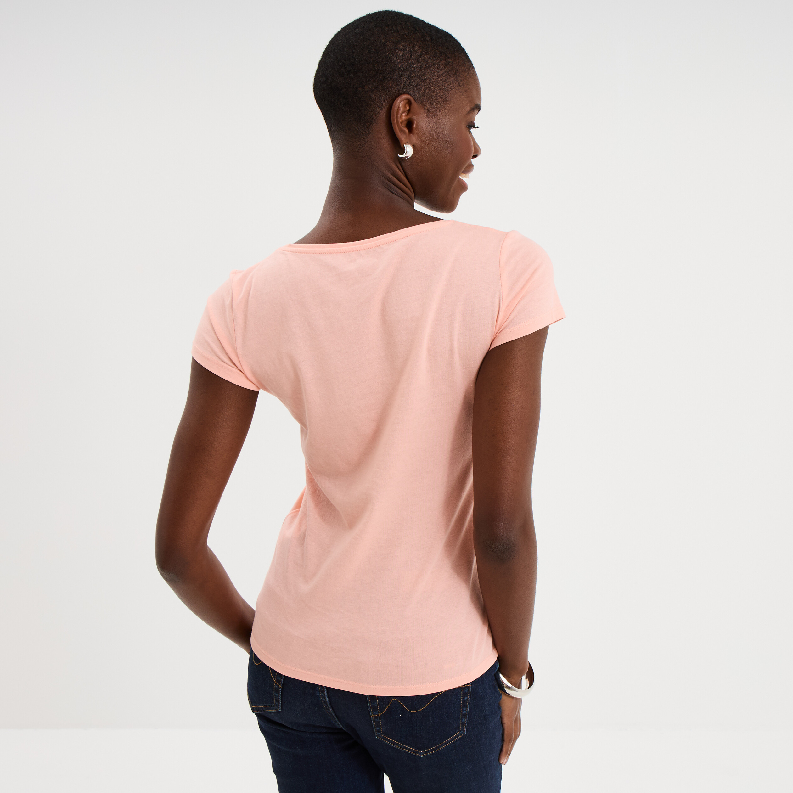 T-shirt coton col rond manches courtes rose poudr&eacute;e femme