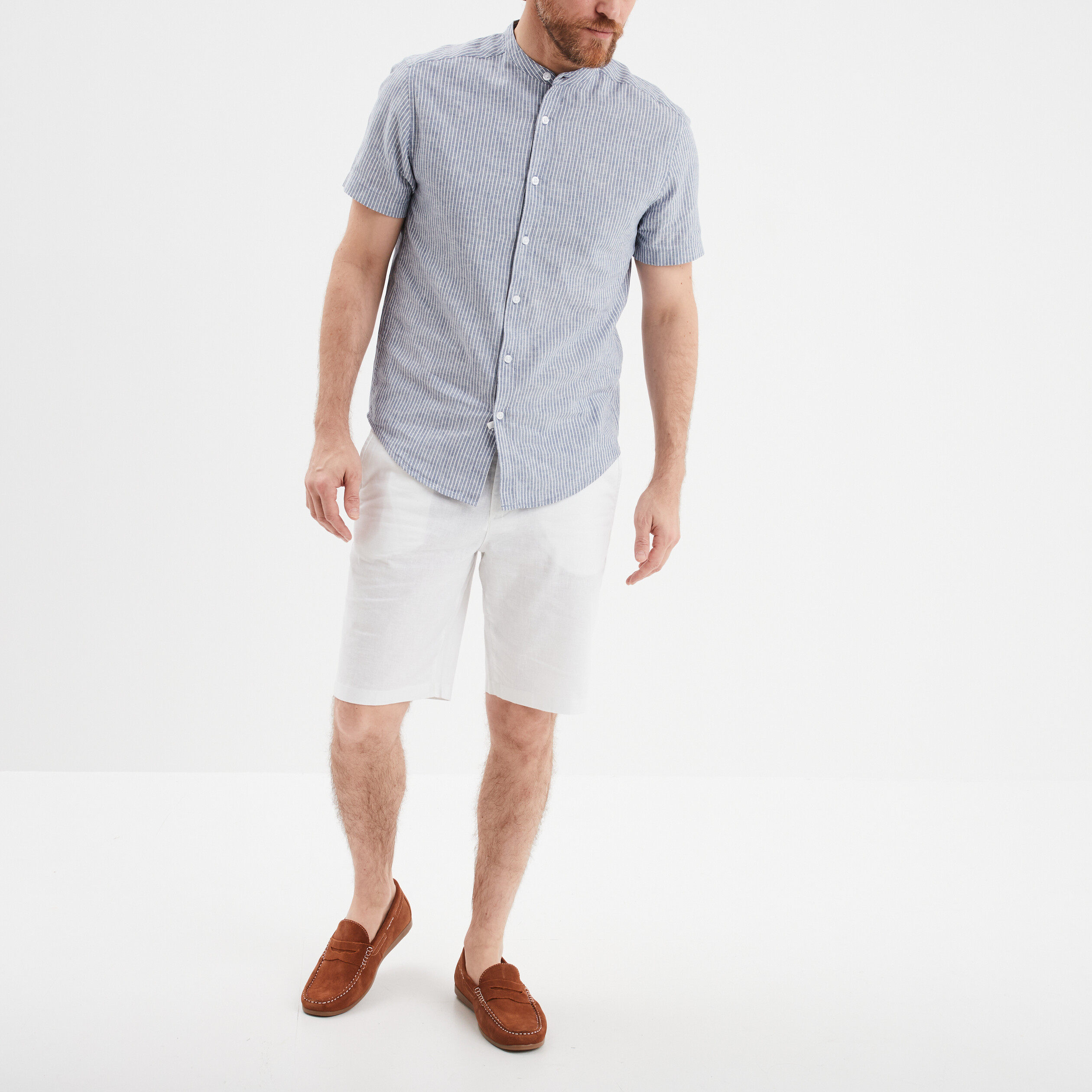 bermuda chino a coulisse lin melange blanc homme Bermuda chino à coulisse lin mélangé blanc homme