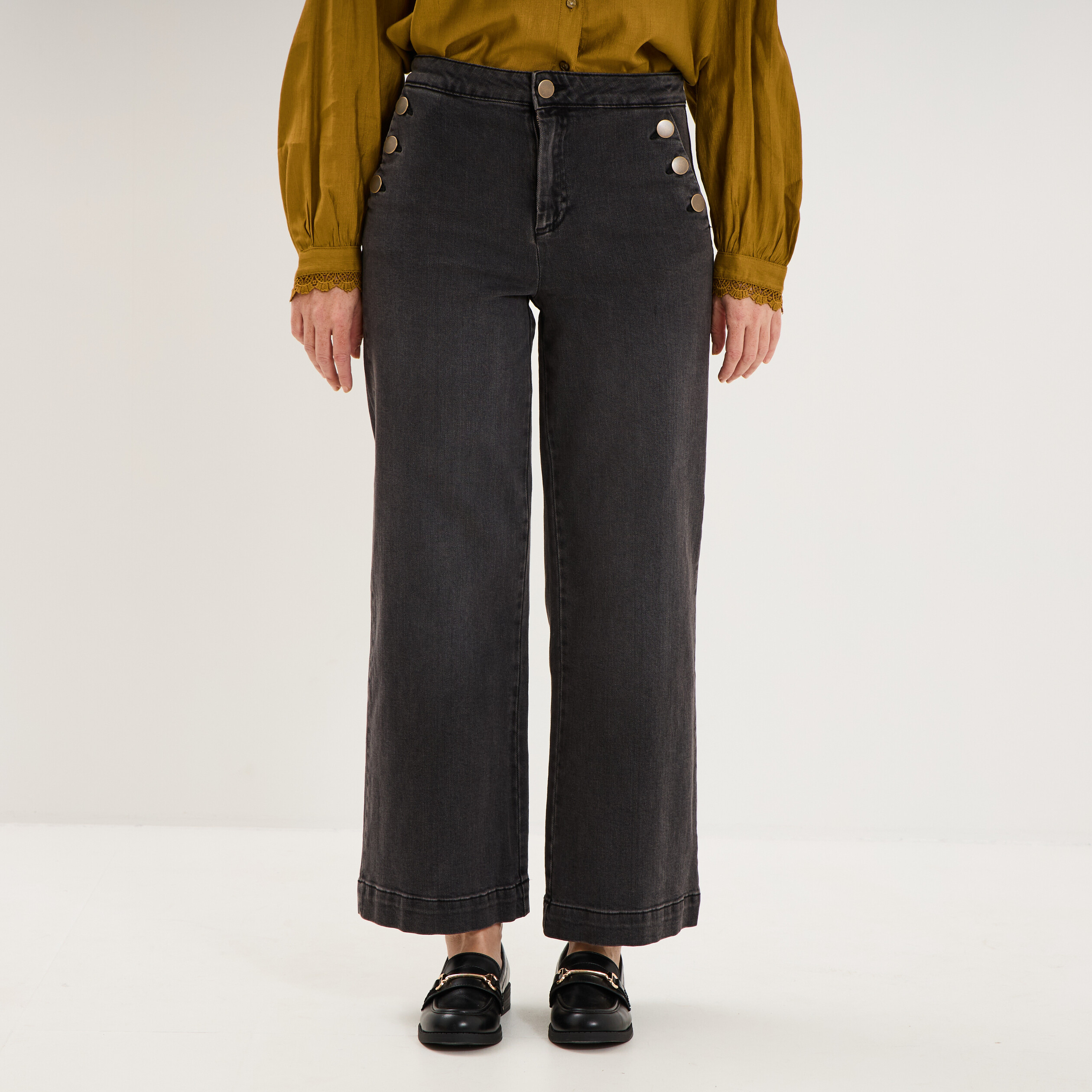 Jean large cropped &agrave; pont taille haute denim noir femme