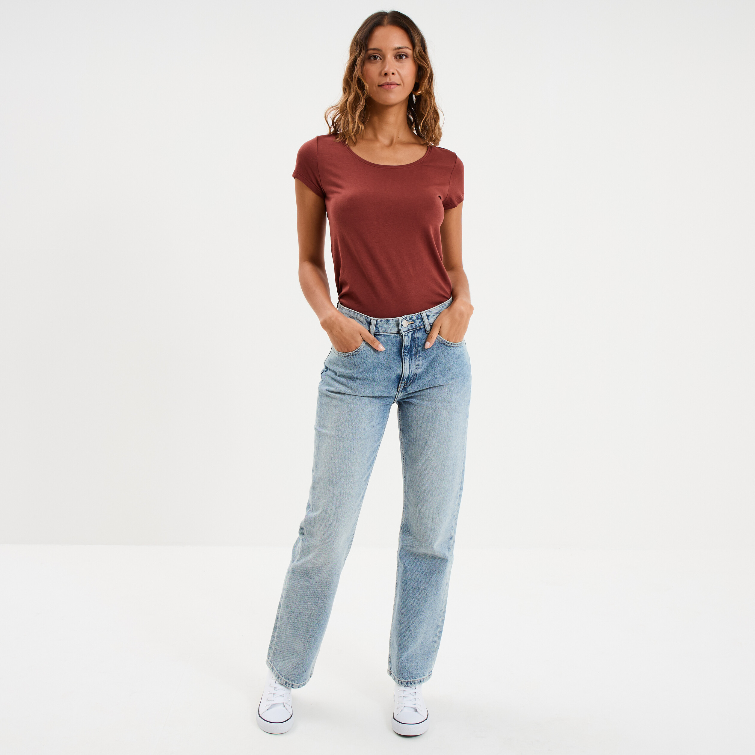T-shirt coton col rond manches courtes marron cognac femme