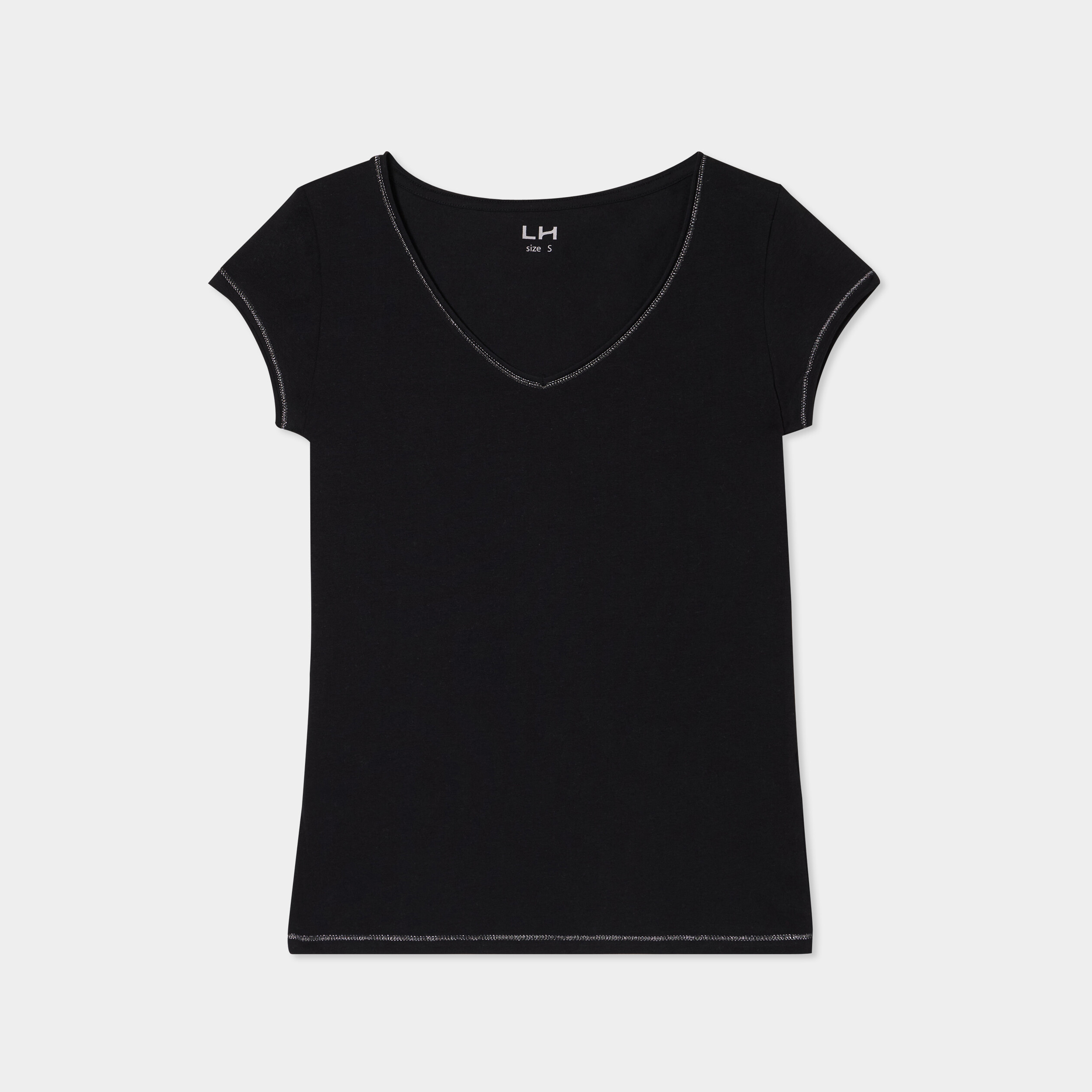 t shirt col v ajuste manches courtes noir femme T-shirt col V ajusté manches courtes noir femme