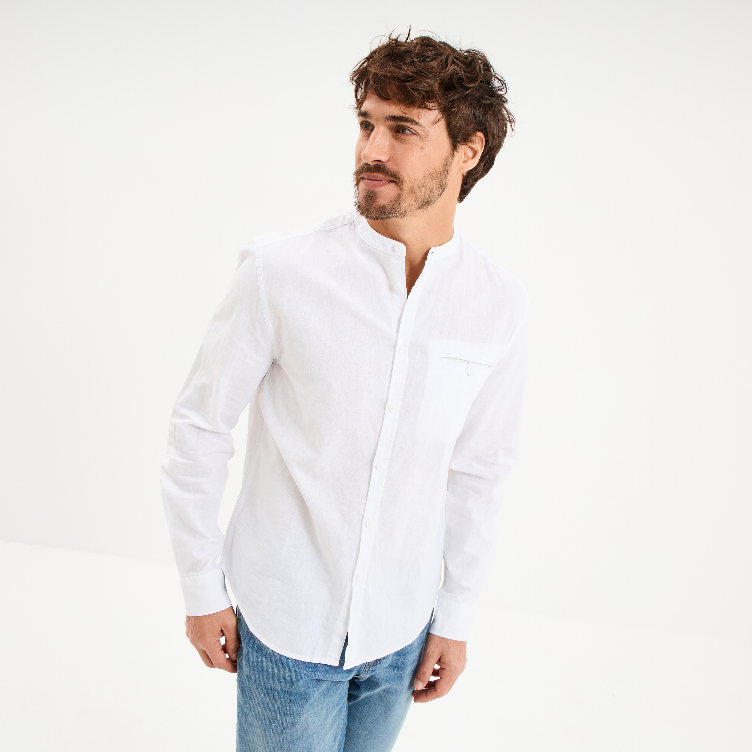 Chemise col mao lin mélangé blanc homme