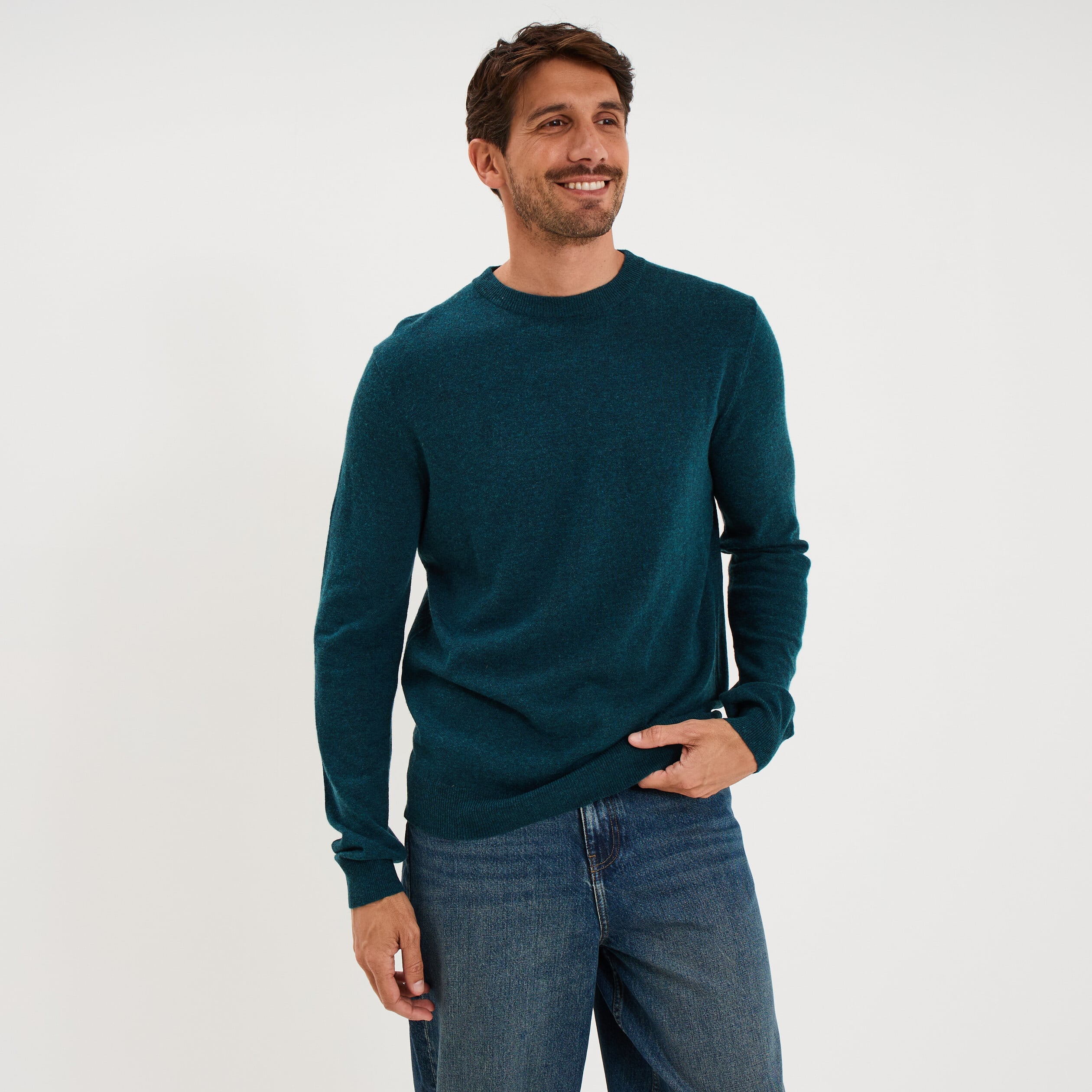 Pull col rond manches longues bleu canard homme