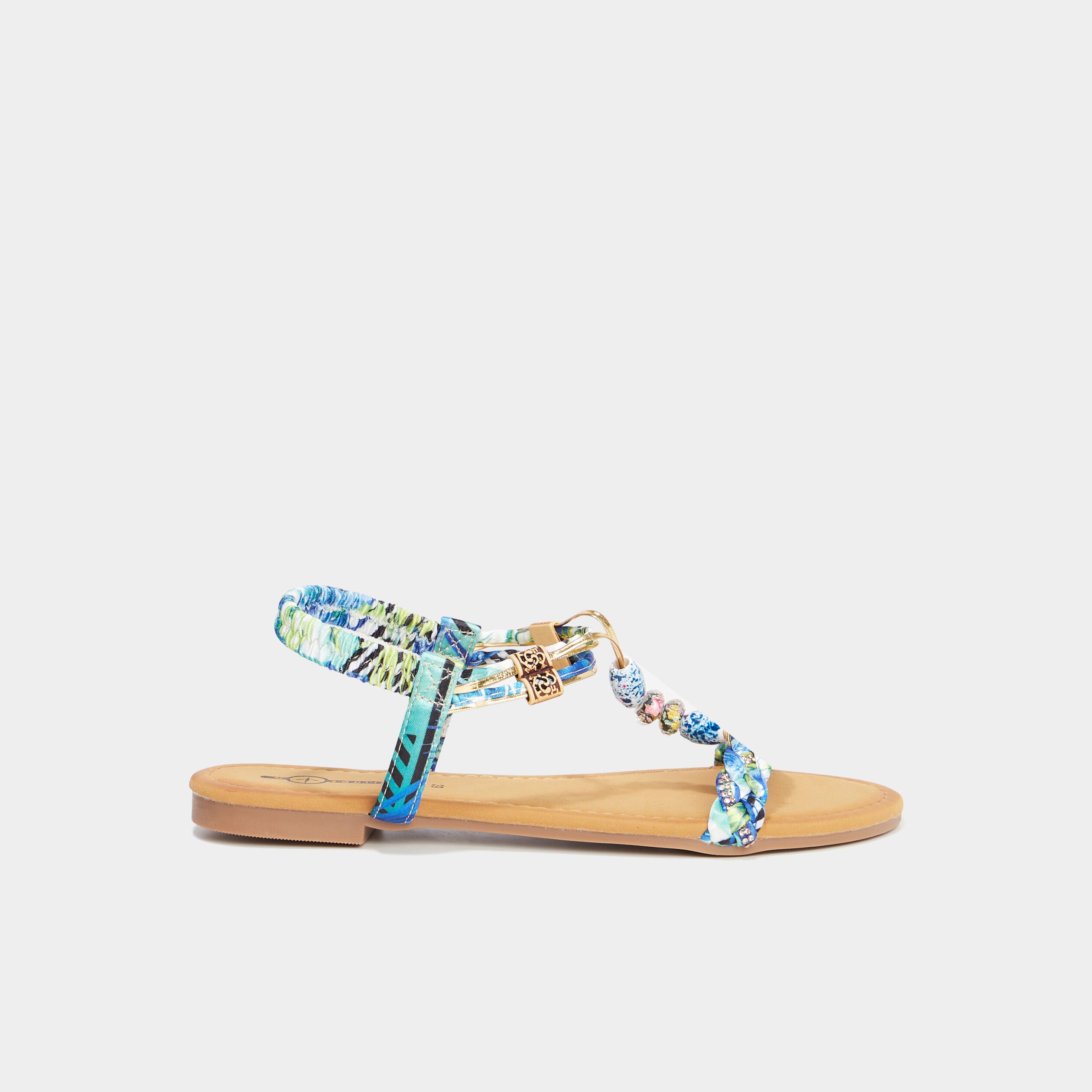 Sandales foulard et perles &eacute;lastiqu&eacute;es bleu femme