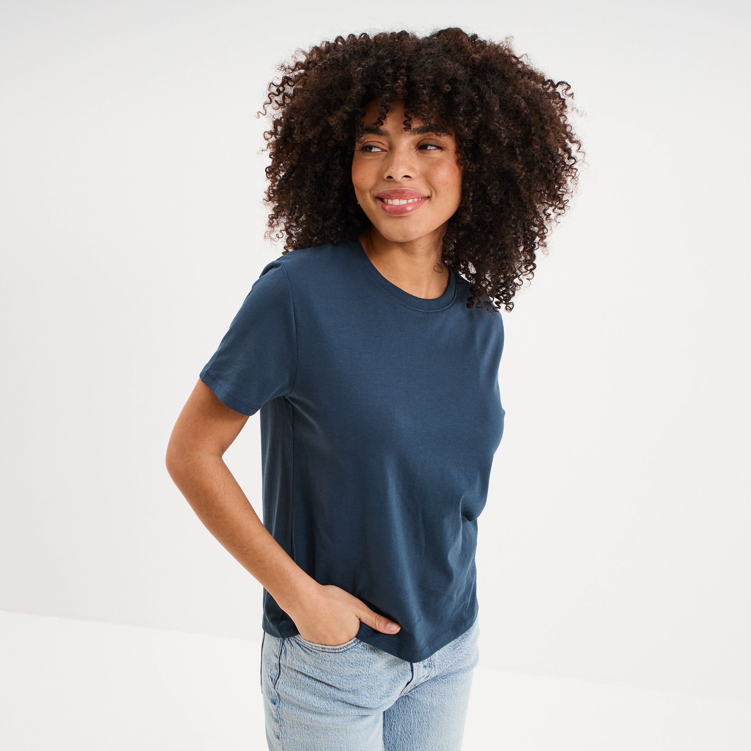 T-shirt col rond manches courtes coton bleu marine femme