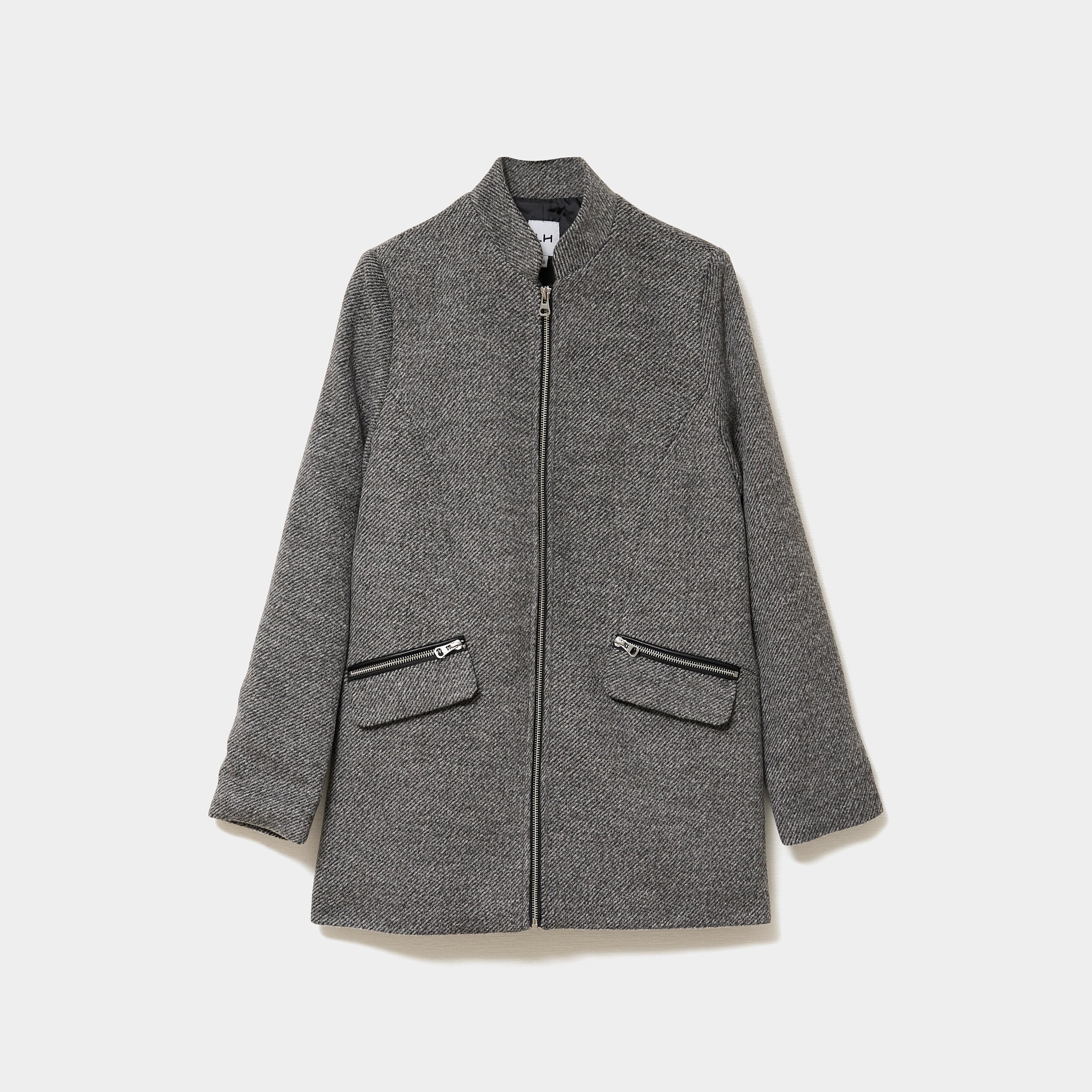 Manteau mi-long cintr&eacute; zipp&eacute; col montant gris fonc&eacute; femme