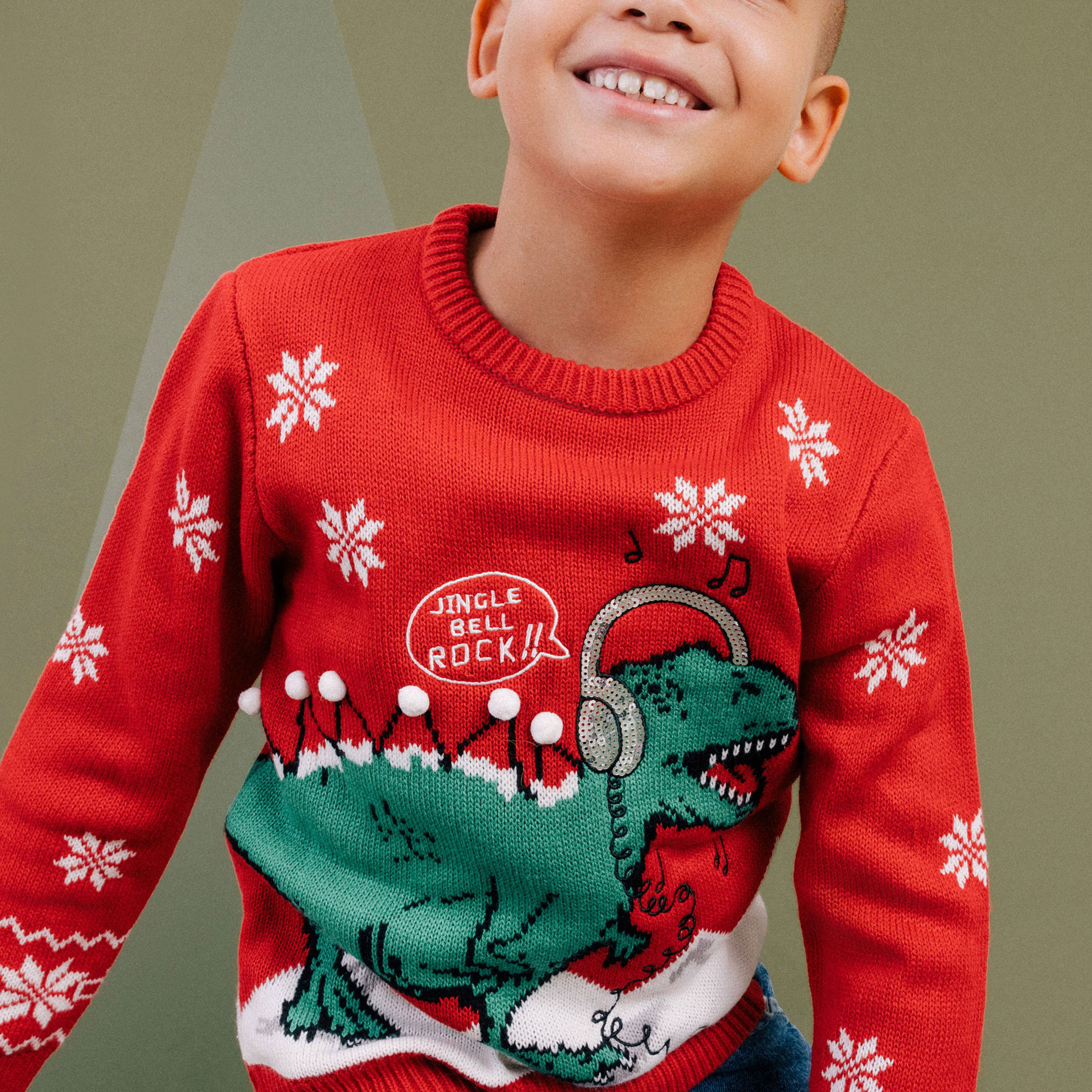 Pull No&euml;l col rond sequins et broderie rouge gar&ccedil;on