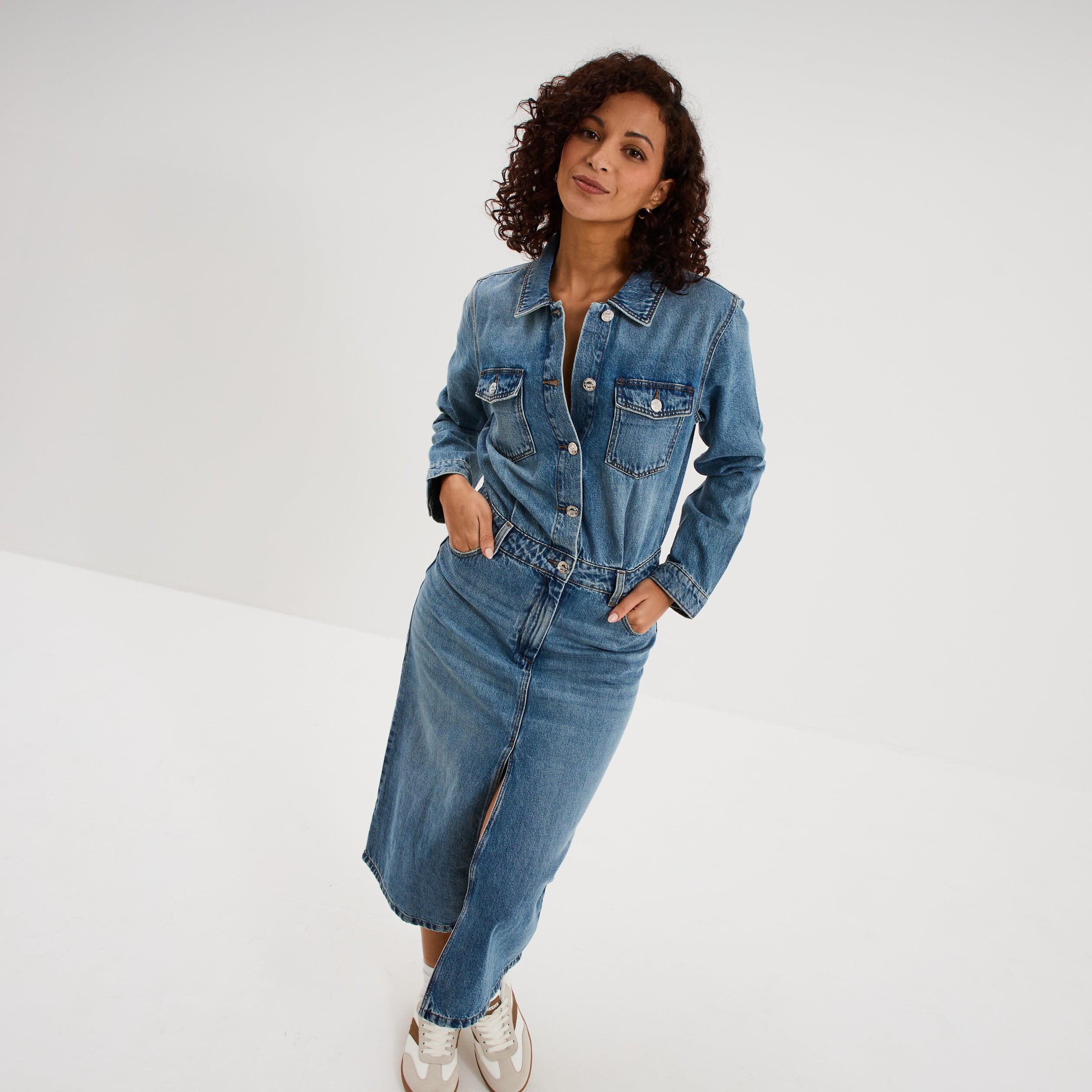 Robe longue en jean manches longues denim double stone femme
