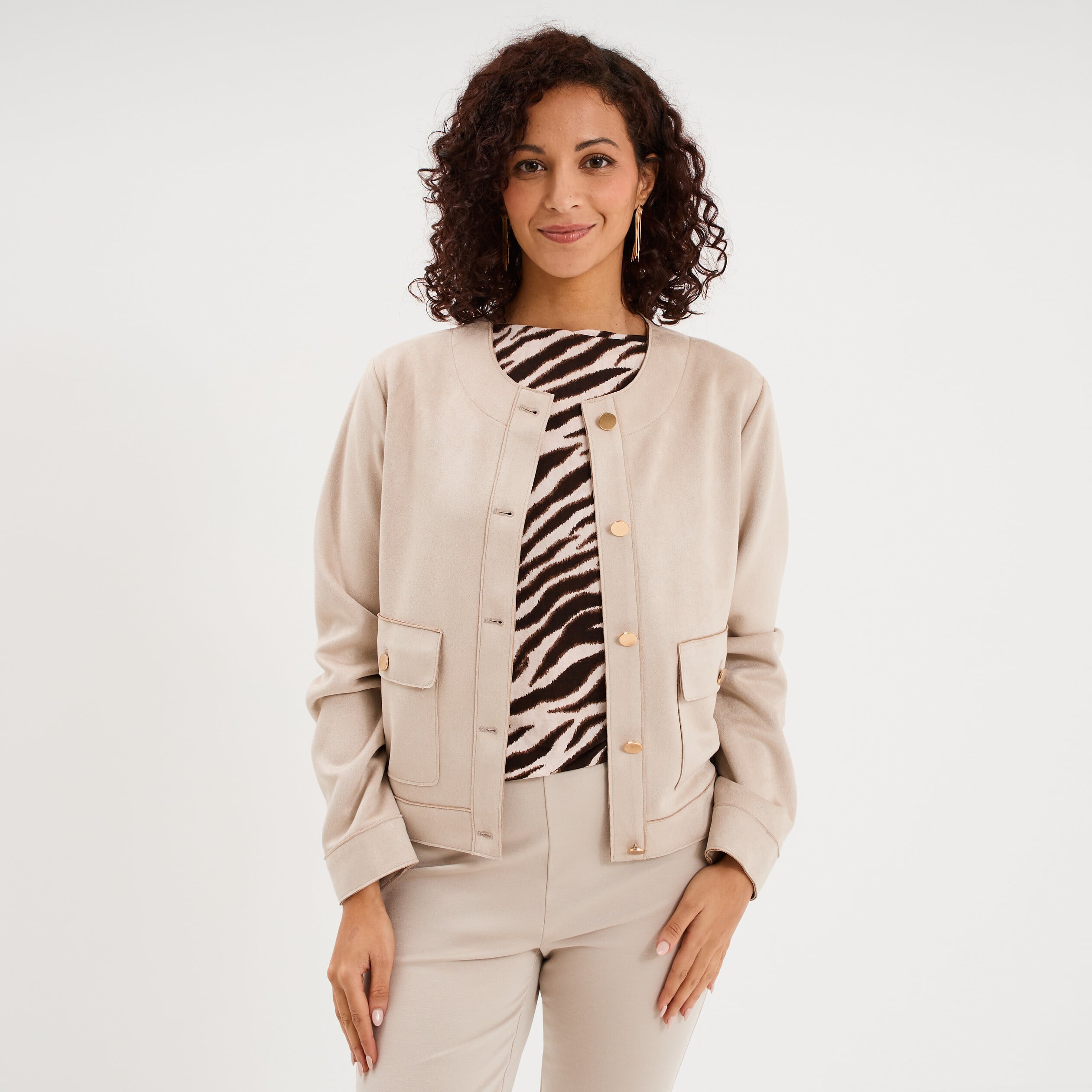 Veste boutonn&eacute;e effet su&eacute;dine beige femme