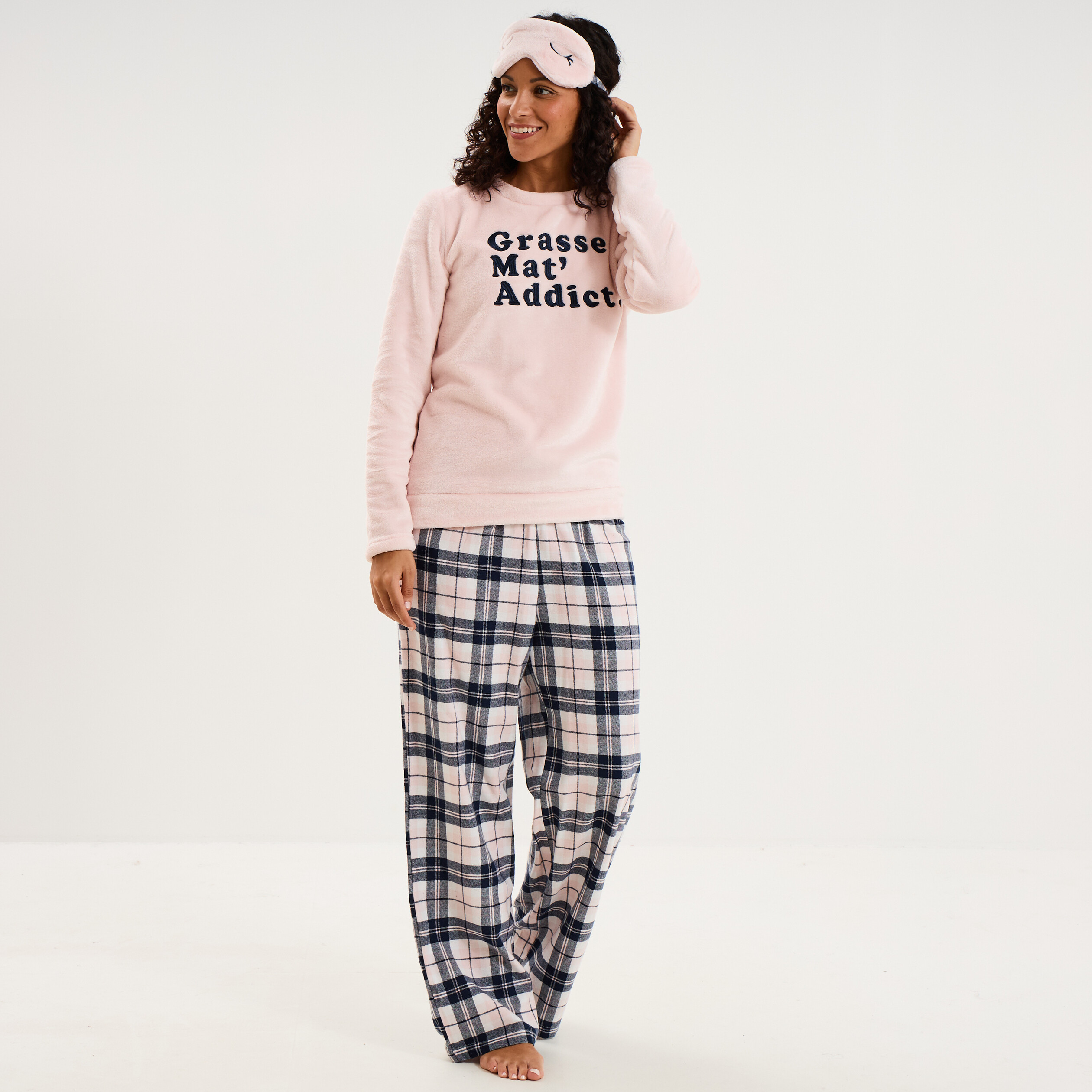 Ensemble pyjama effet polaire 3 pi&egrave;ces rose clair femme