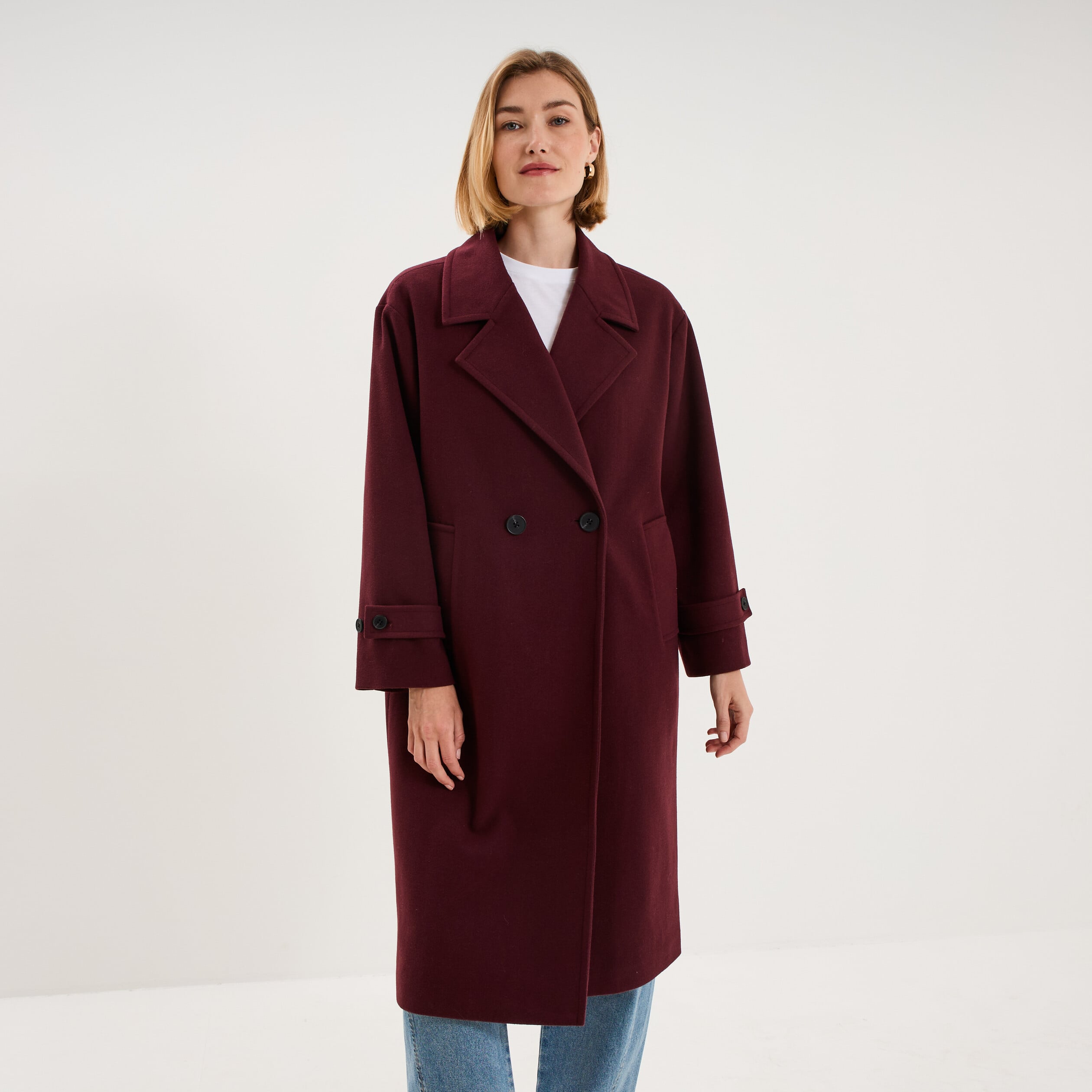 Manteau oversize double boutons long violet fonc&eacute; femme