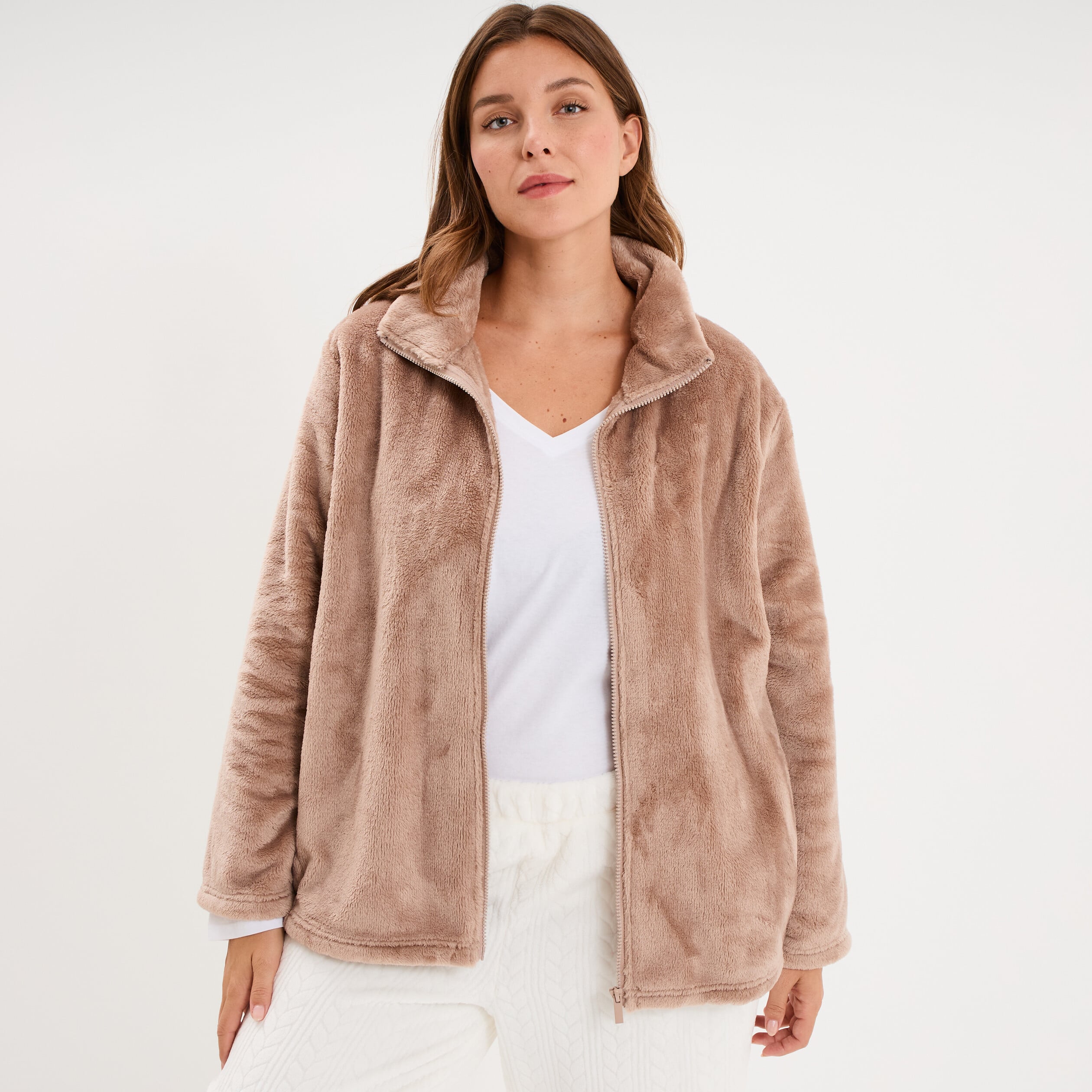 Veste pyjama effet polaire col montant beige femme grande taille