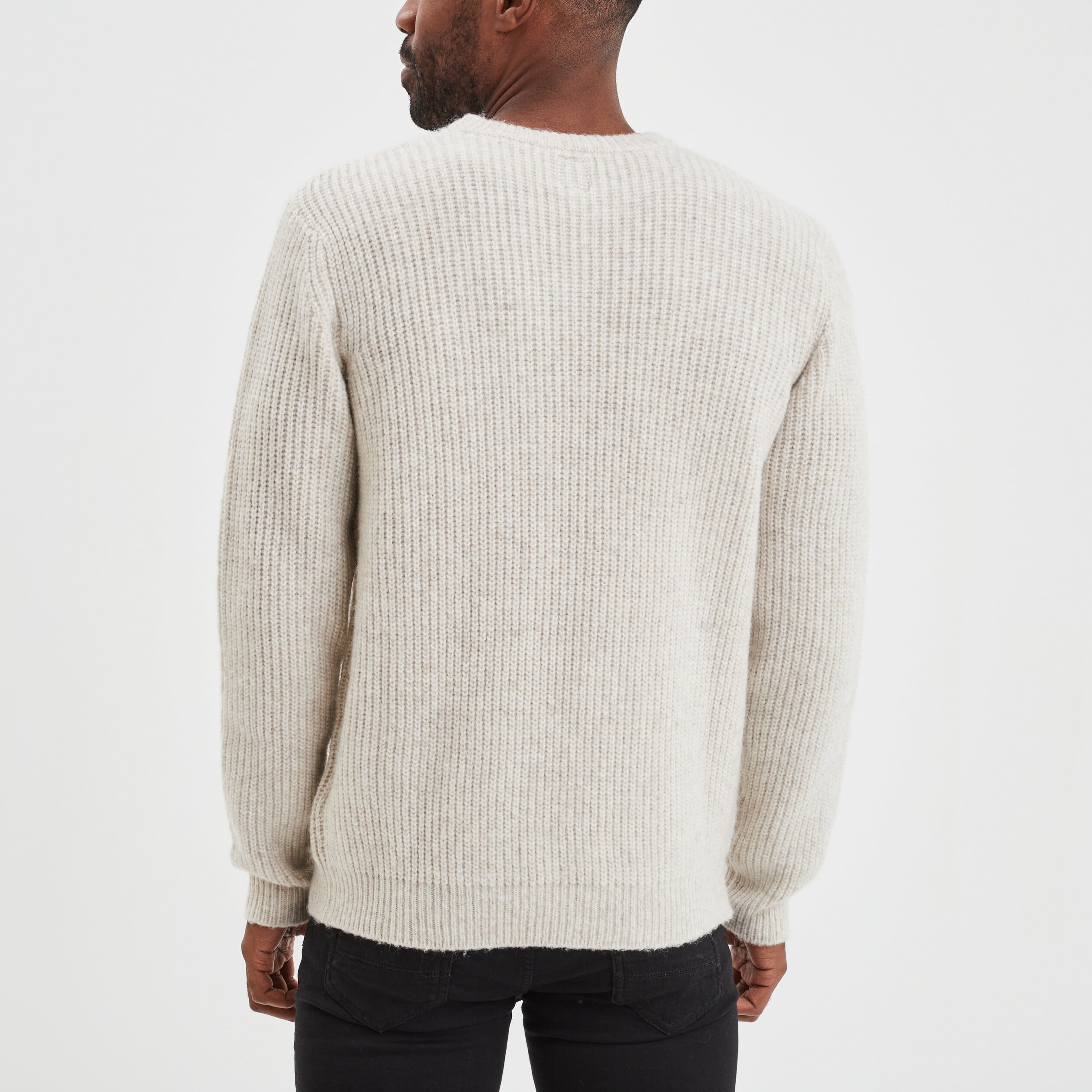 Pull col rond &agrave; manches longues beige homme