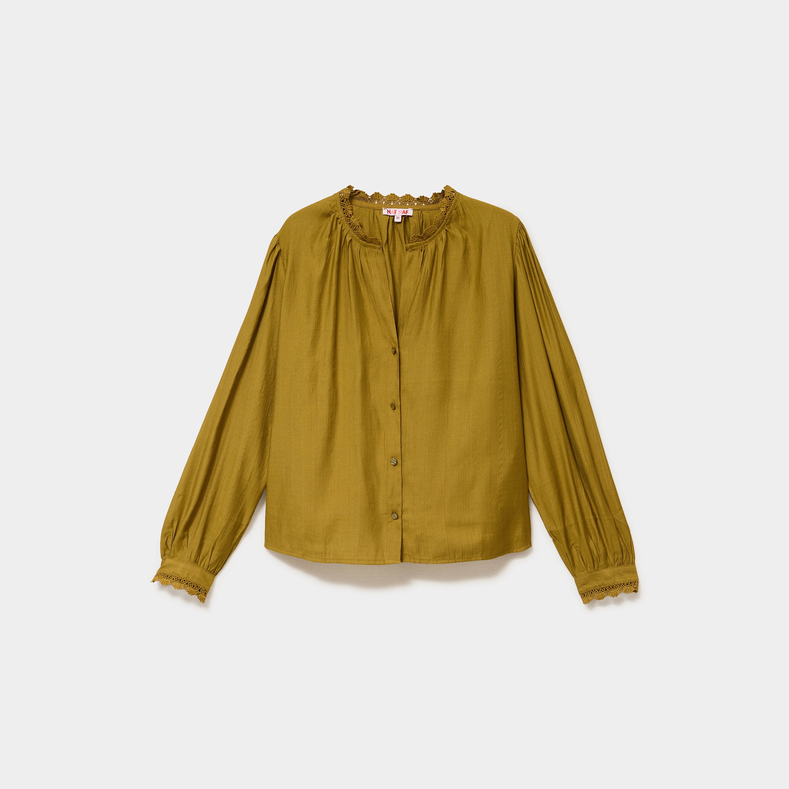 Blouse col montant dentelle vert olive femme