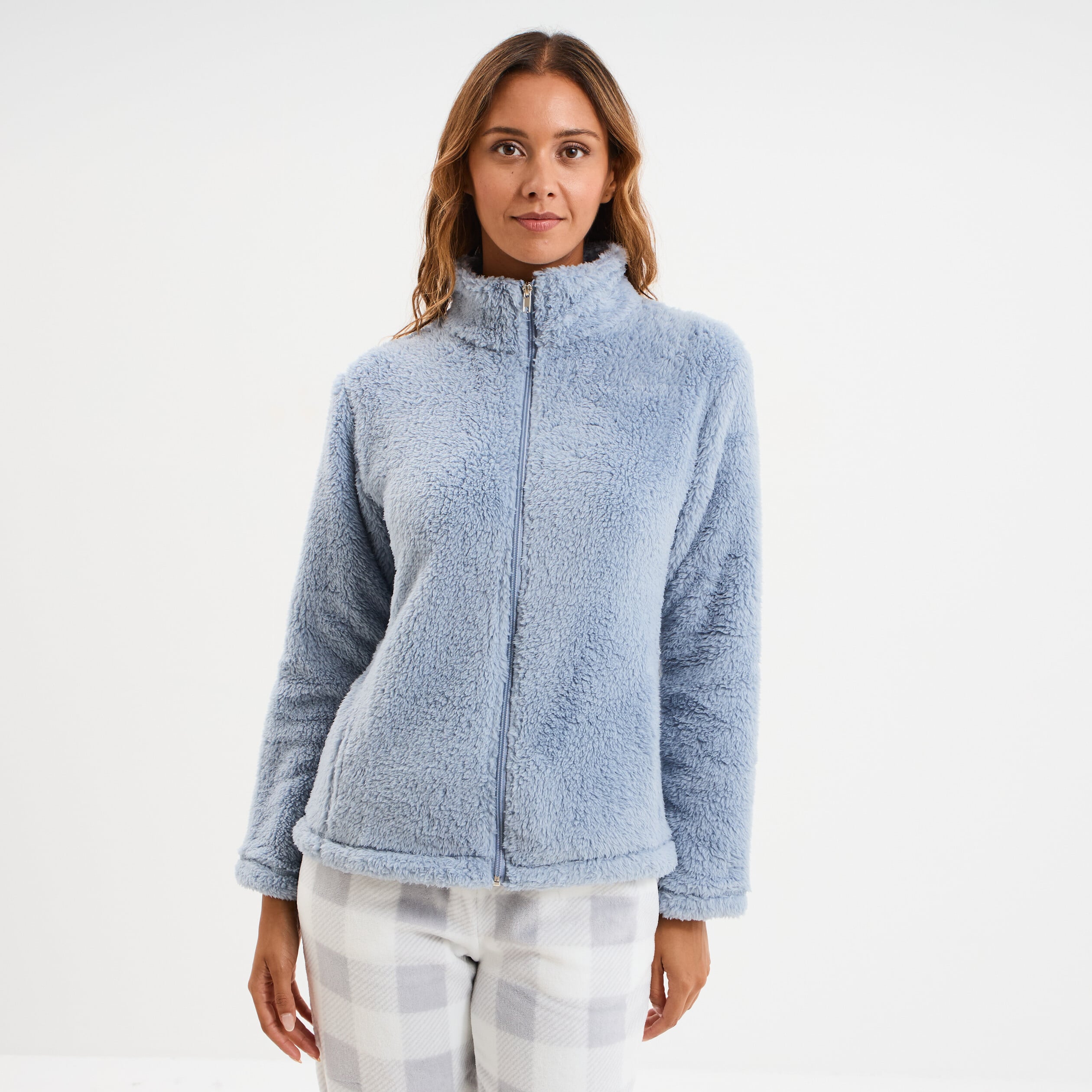 Veste effet polaire col montant bleu gris femme
