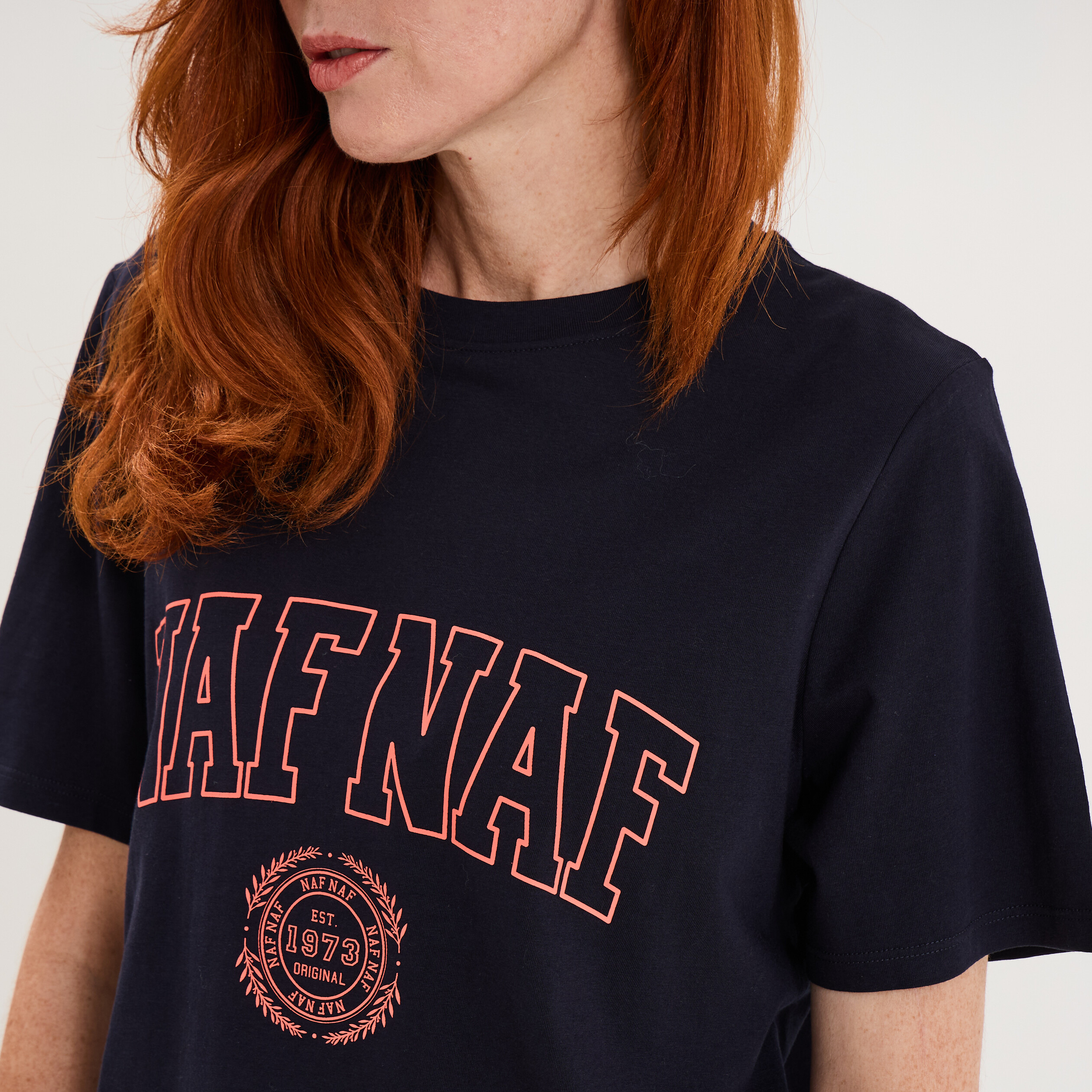 T-shirt col rond manches courtes print bleu fonc&eacute; femme