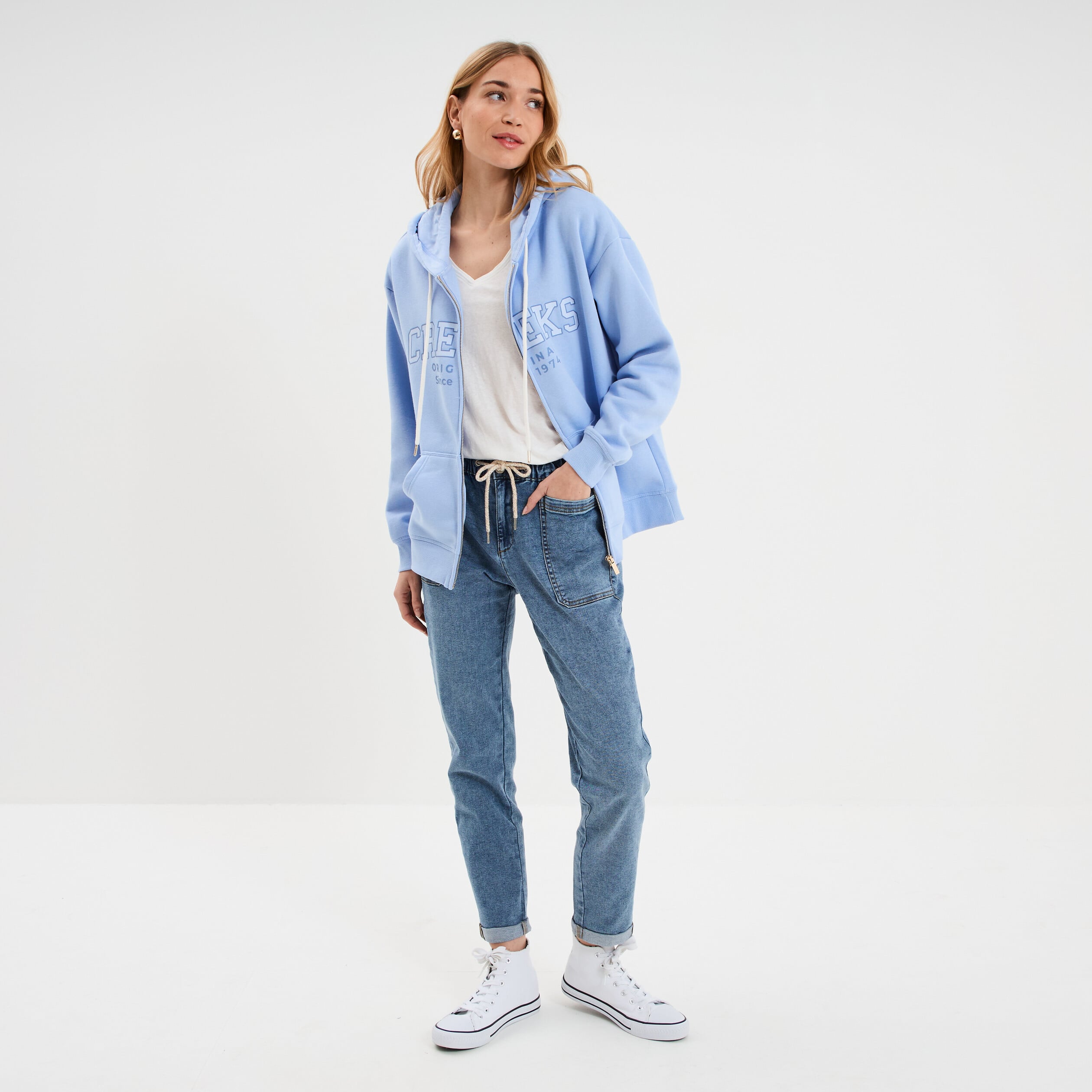 Sweat zipp&eacute; &agrave; capuche bleu lavande femme