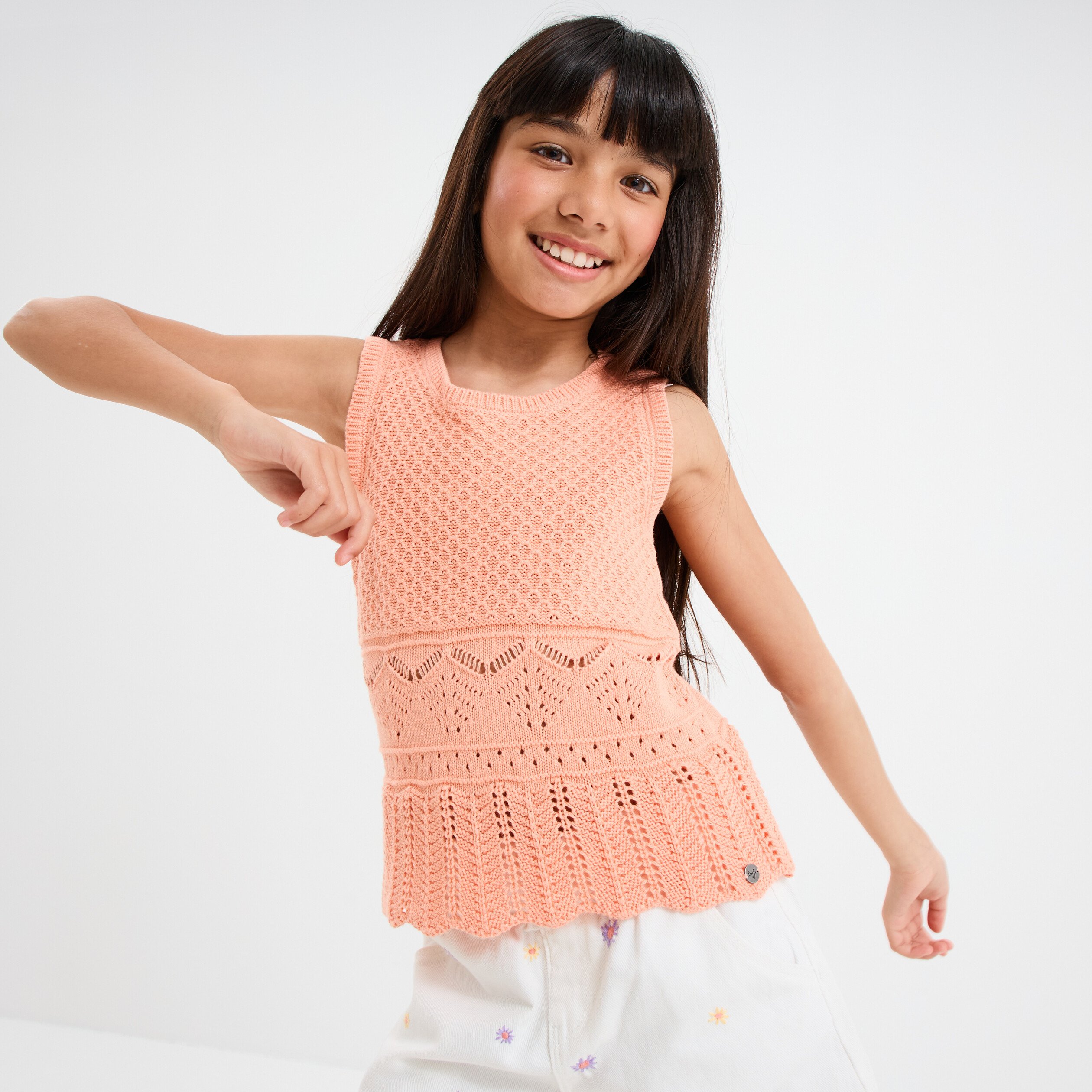 debardeur tricot ajoure coton rose saumon fille Débardeur tricot ajouré coton rose saumon fille
