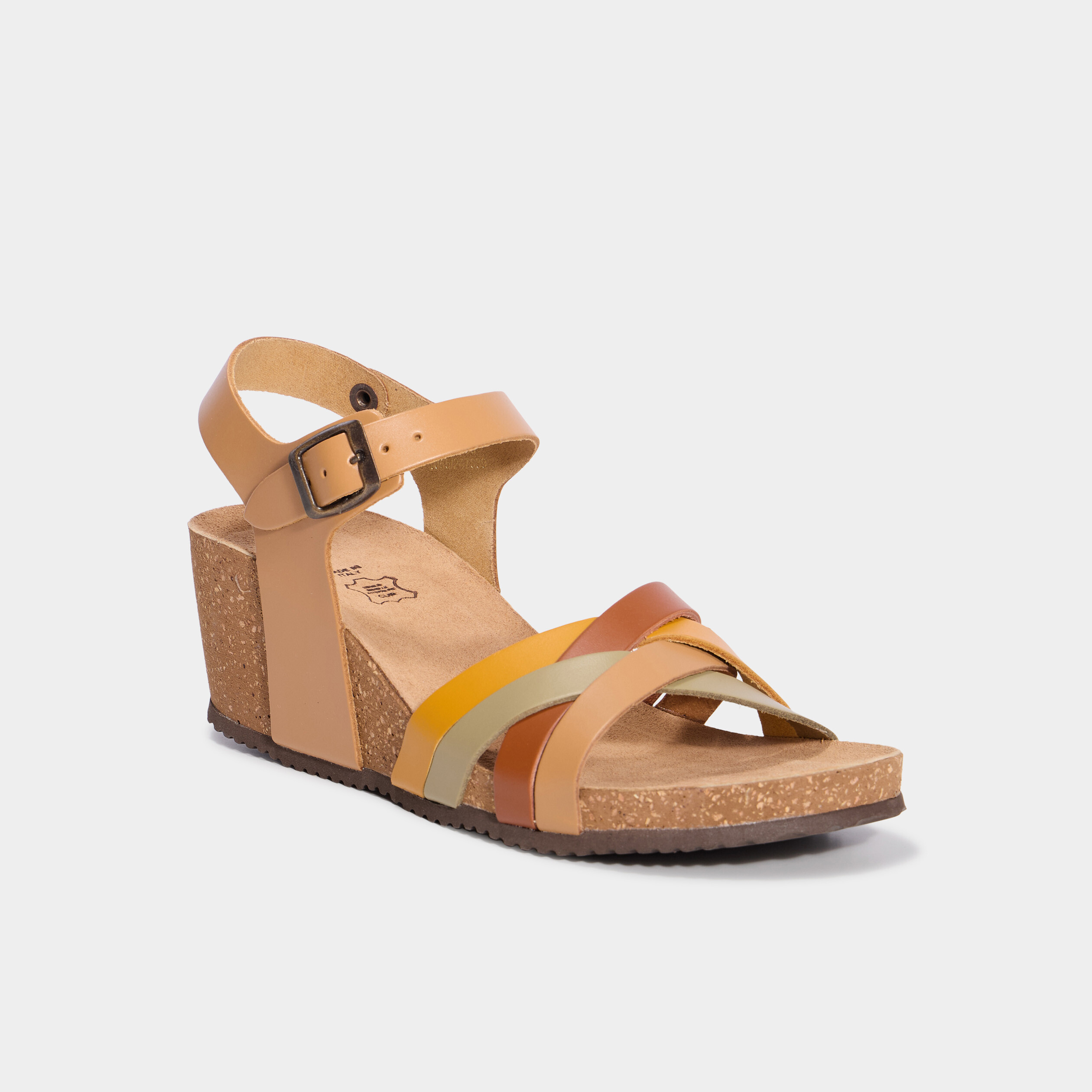 Sandales compens&eacute;es cuir avec brides marron femme