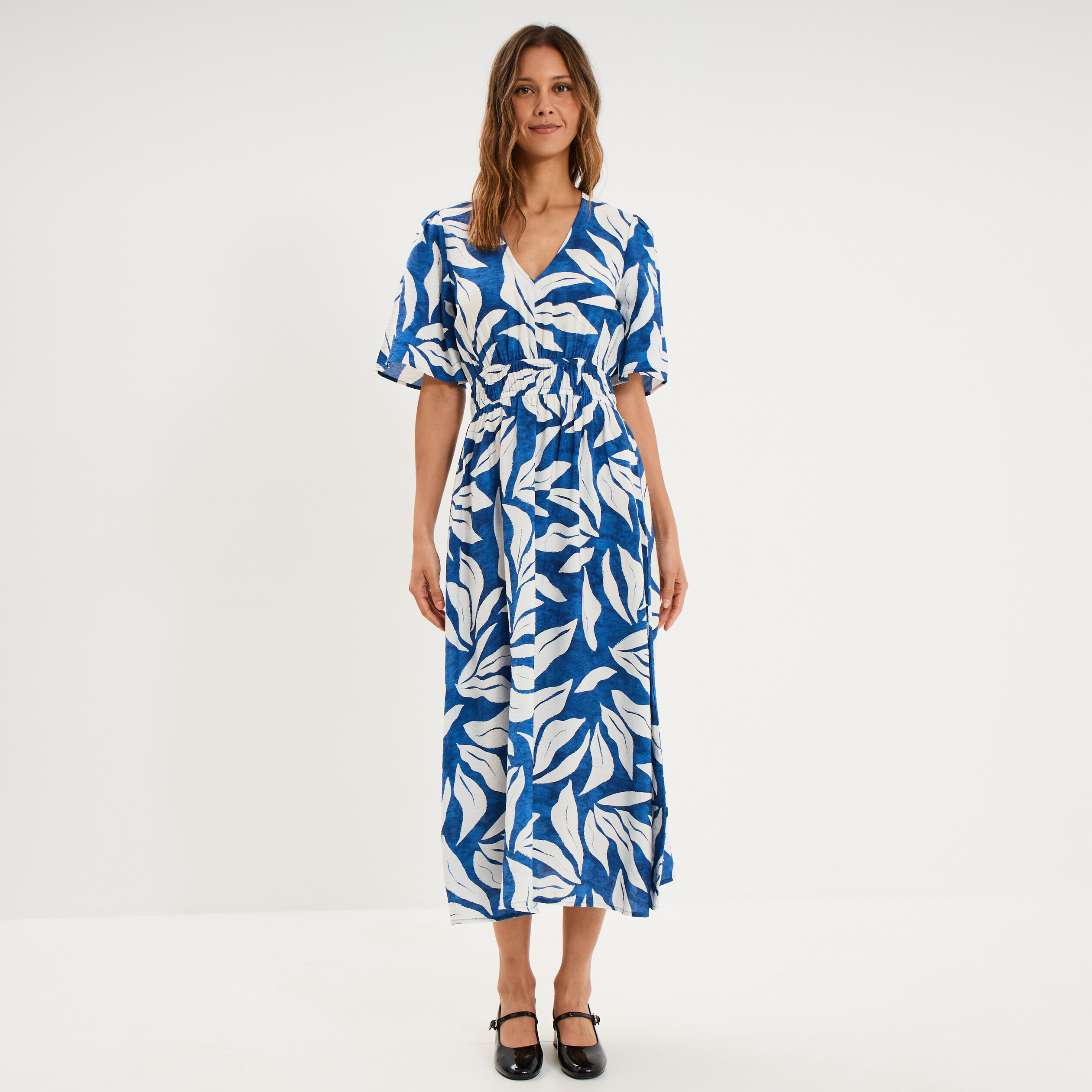 Robe longue col V taille &eacute;lastiqu&eacute;e bleu marine femme