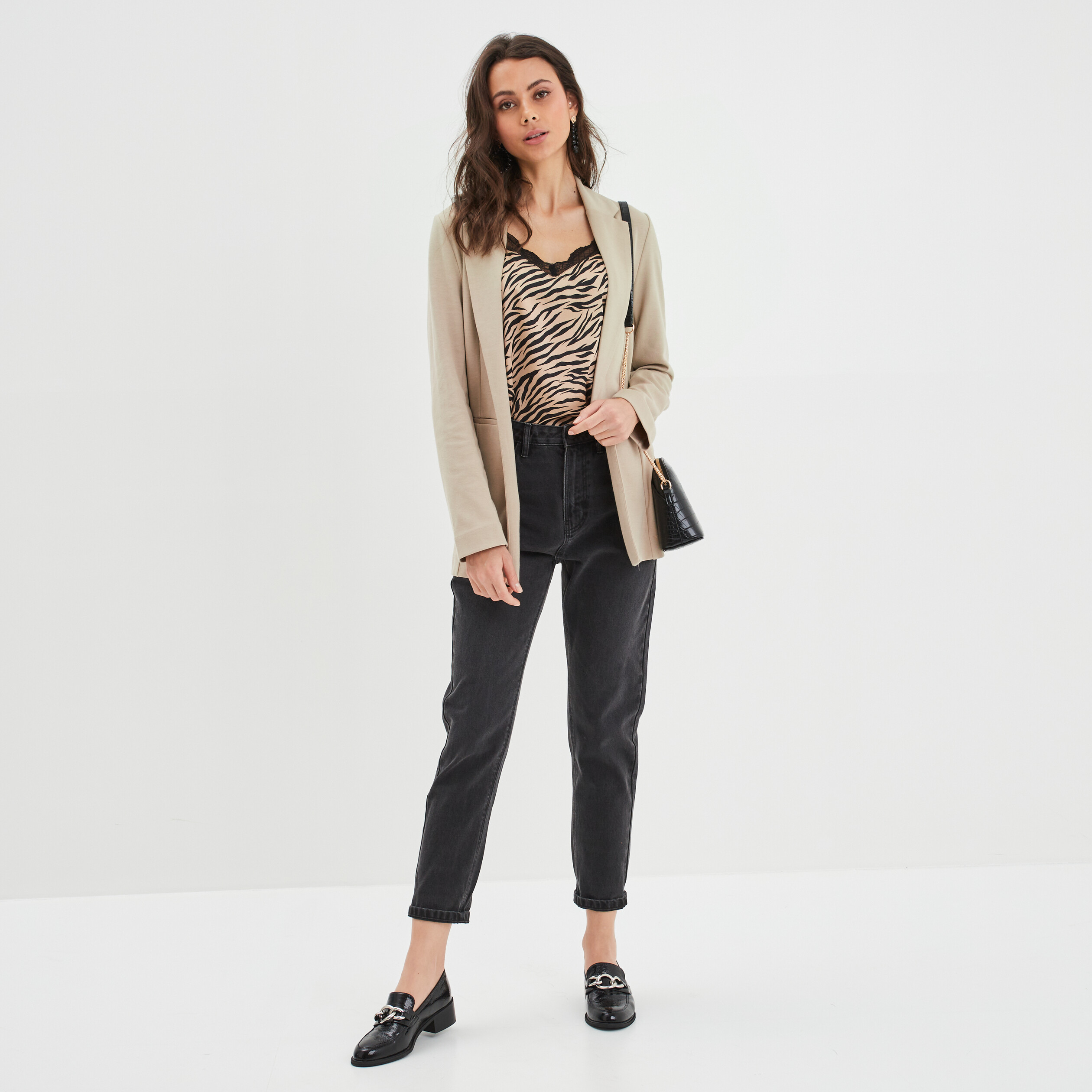 Jeans mom taille haute 7/8ème coton denim noir femme