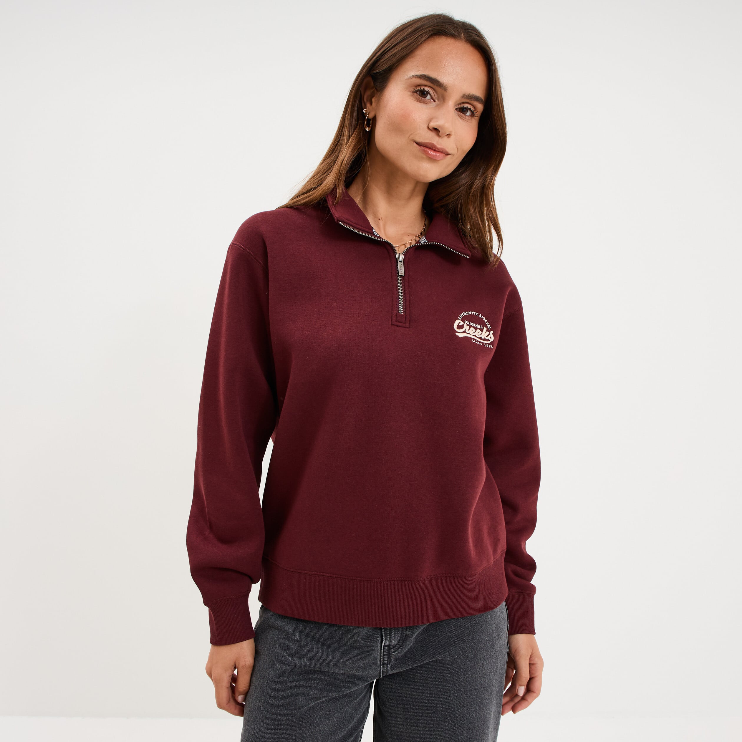 Sweat col camionneur zipp&eacute; violet fonc&eacute; femme