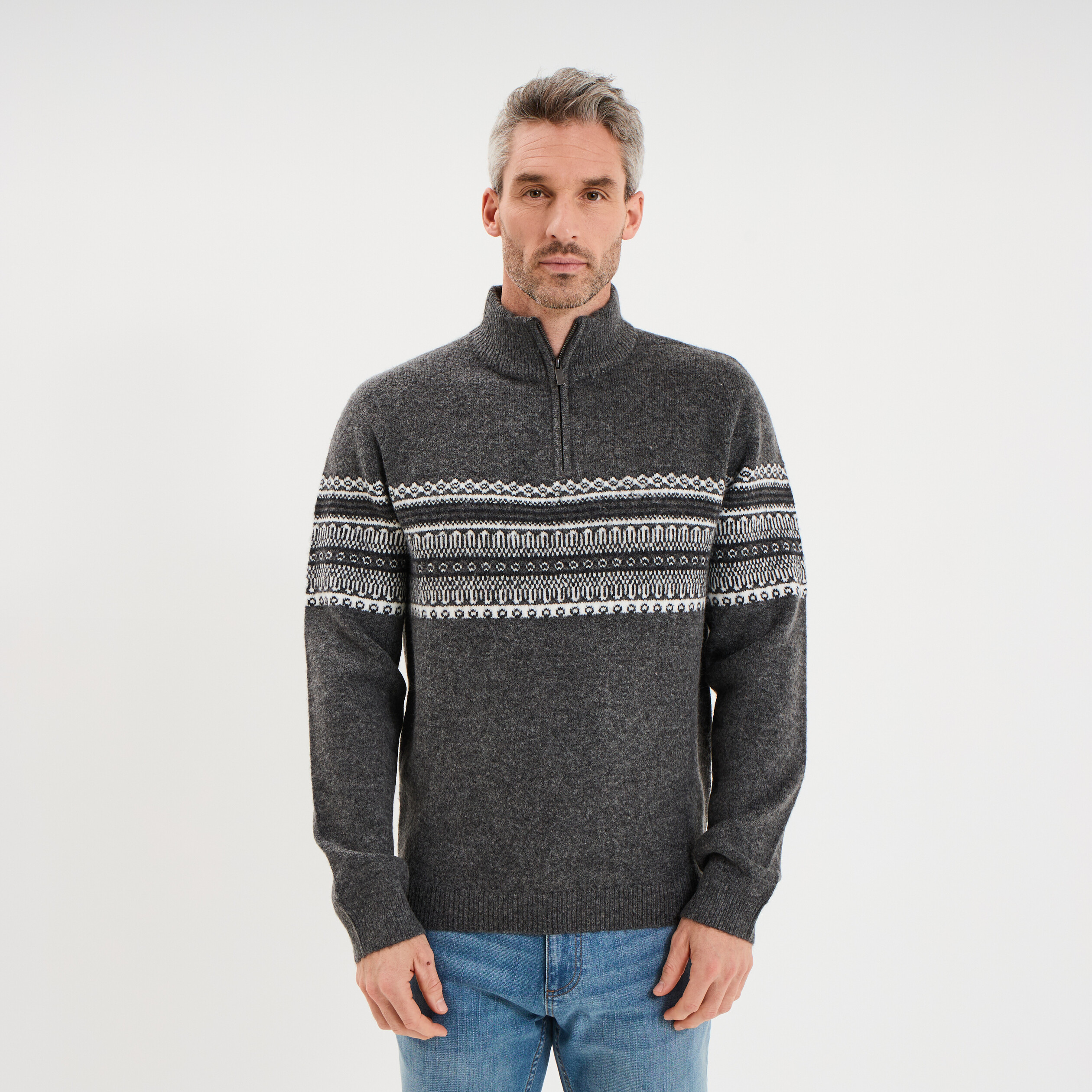 Pull camionneur jacquard manches longues gris fonc&eacute; homme