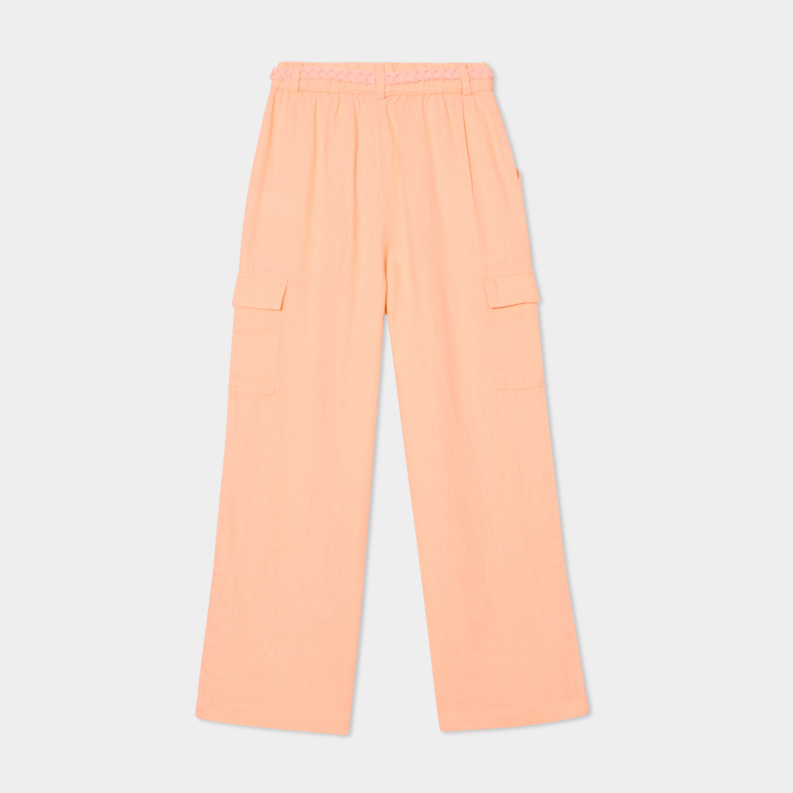 pantalon large lin melange ceinture rose saumon fille Pantalon large lin mélangé ceinturé rose saumon fille