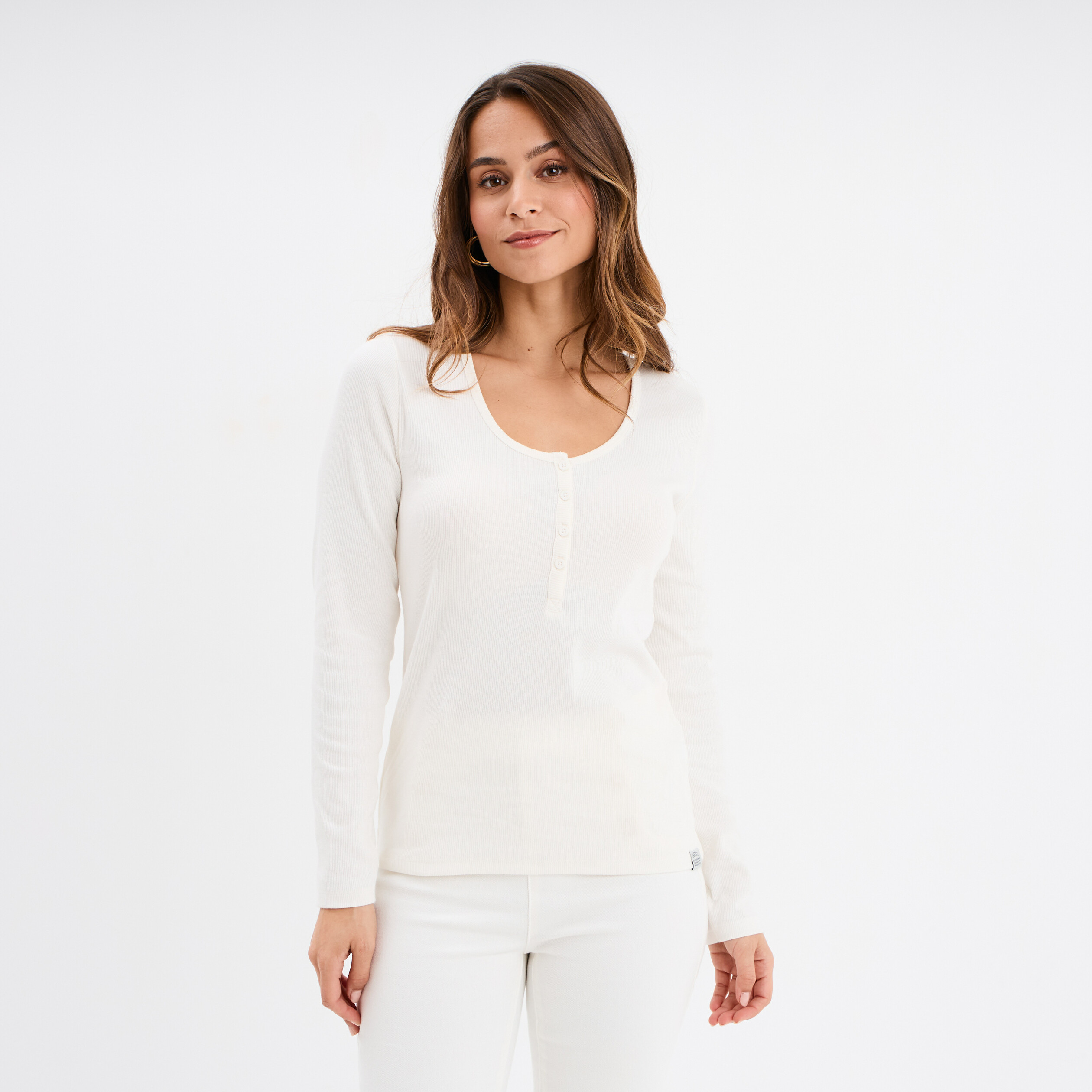 t shirt ajuste col tunisien jersey coton blanc femme T-shirt ajusté col tunisien jersey coton blanc femme