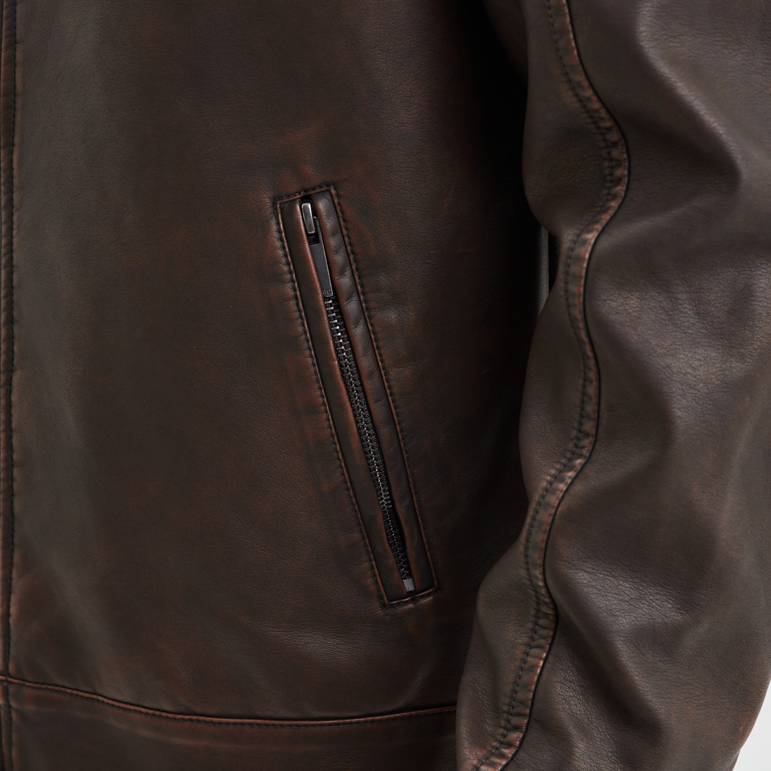 blouson double droit biker a col montant marron homme Blouson doublé droit biker à col montant marron homme