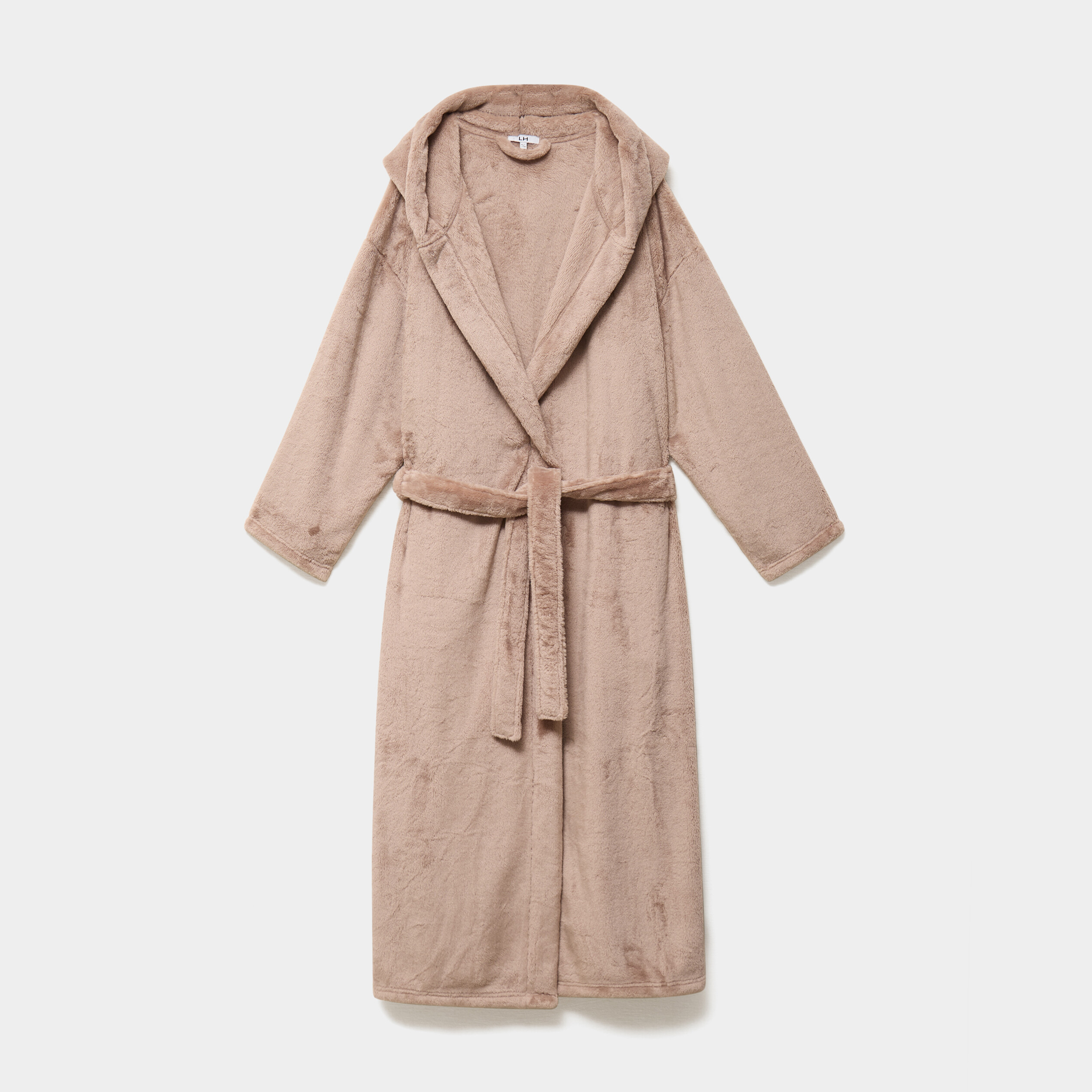 Peignoir velours long &agrave; capuche beige femme grande taille