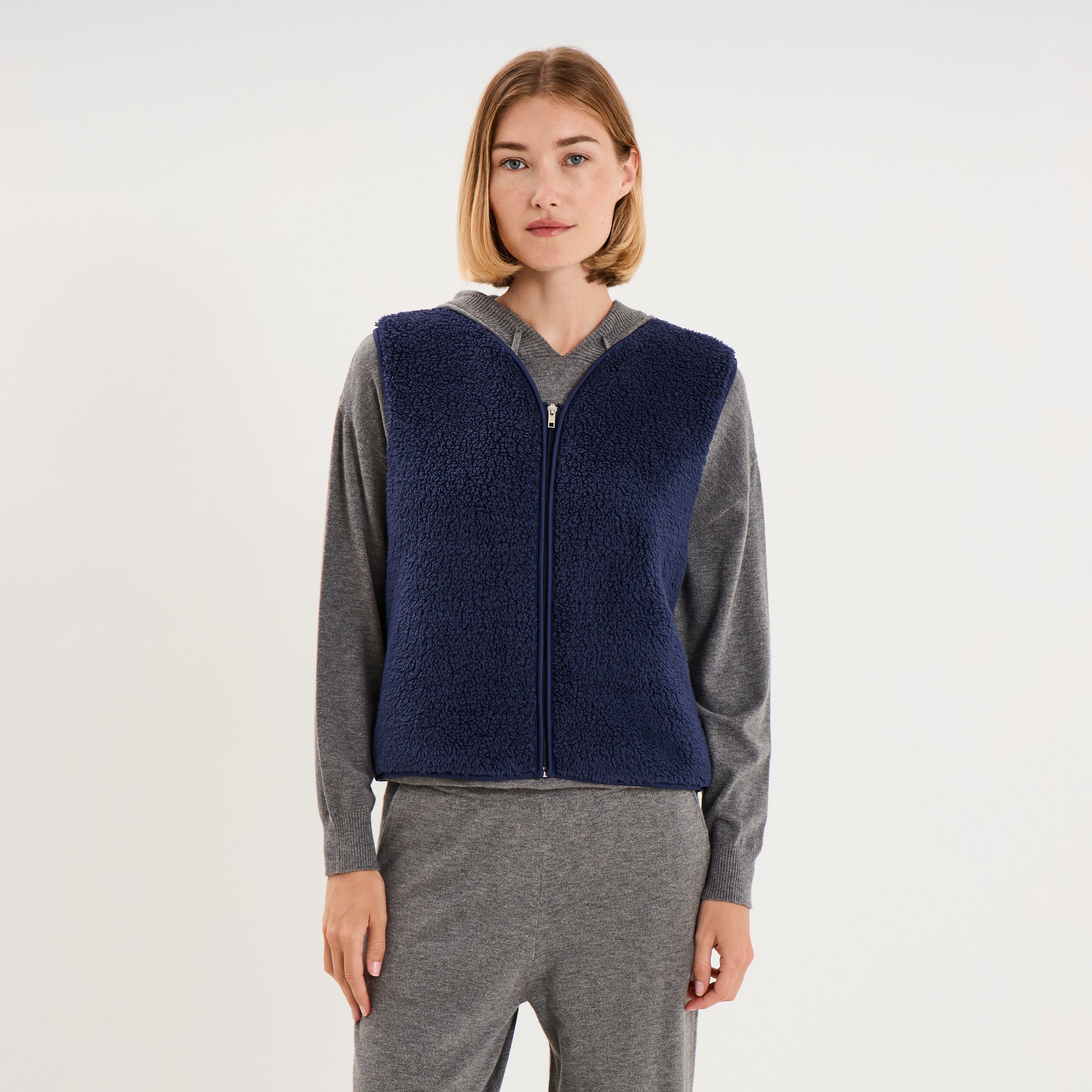 Gilet sans manches effet sherpa zipp&eacute; bleu marine femme