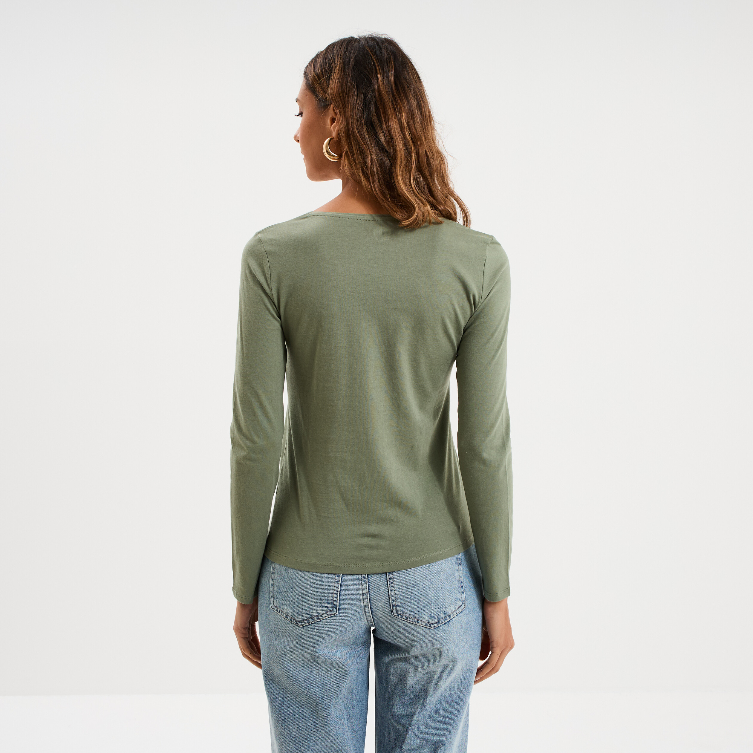 T-shirt coton col rond manches longues vert kaki femme