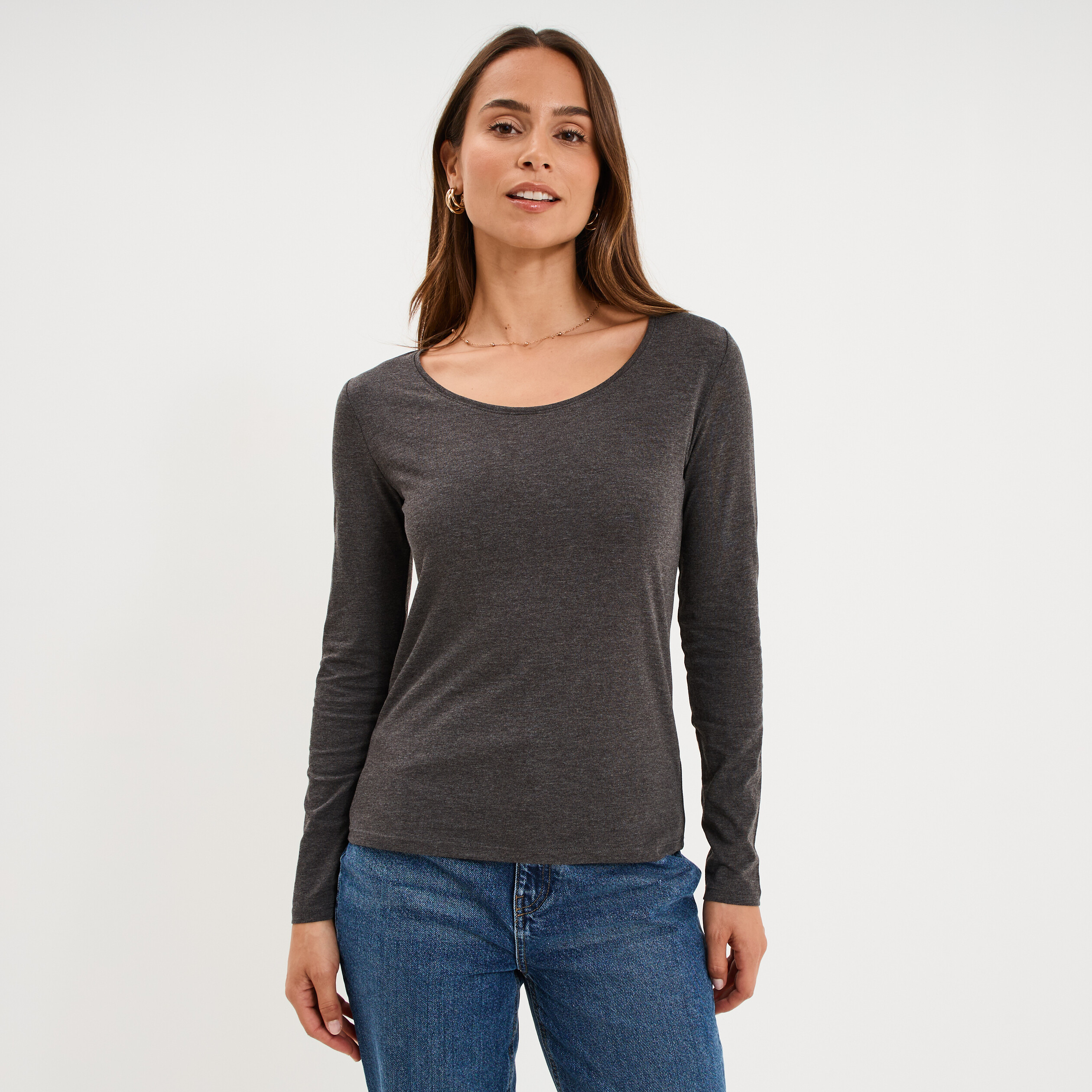 T-shirt &agrave; manches longues gris fonc&eacute; femme