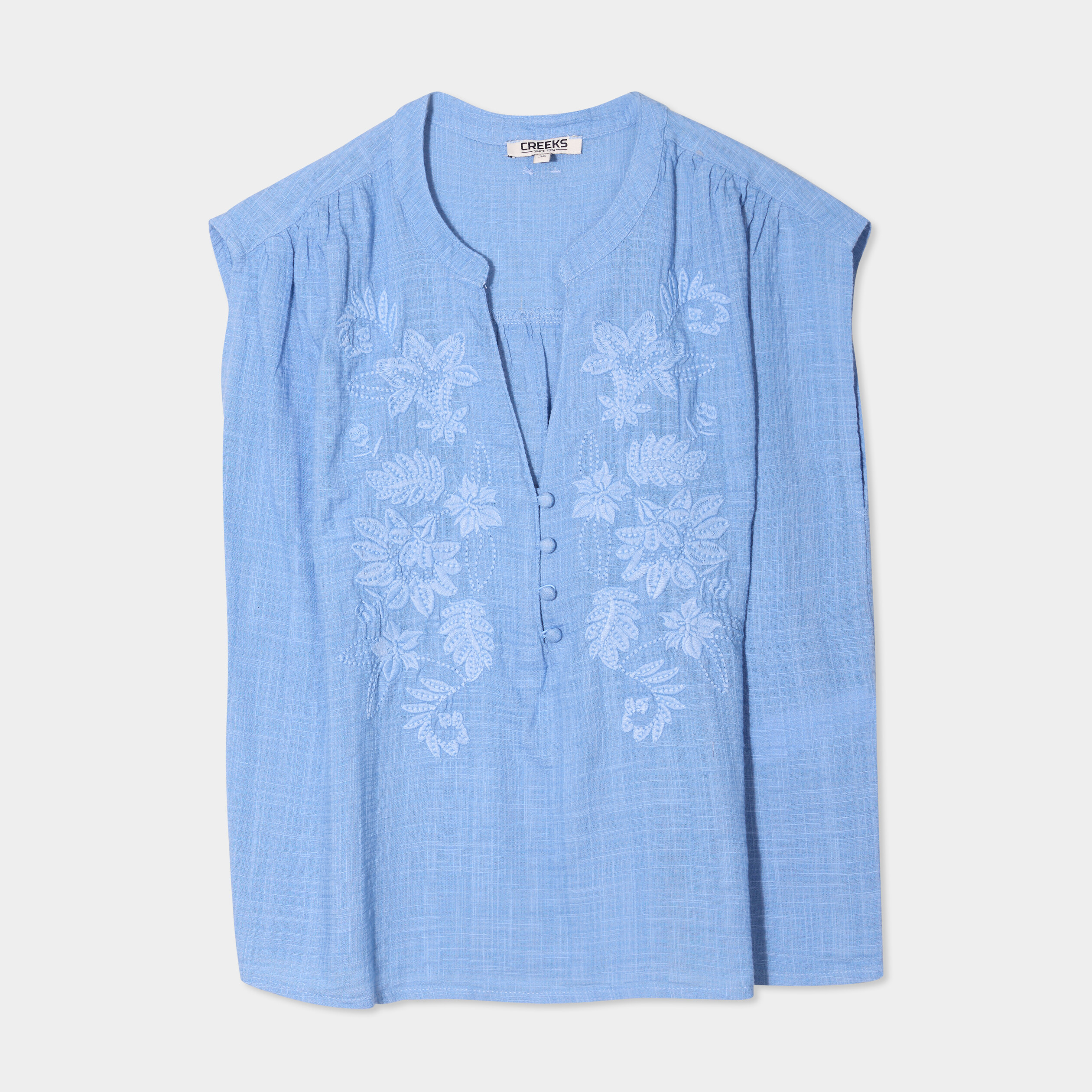 blouse col tunisien sans manches coton bleu clair femme Blouse col tunisien sans manches coton bleu clair femme