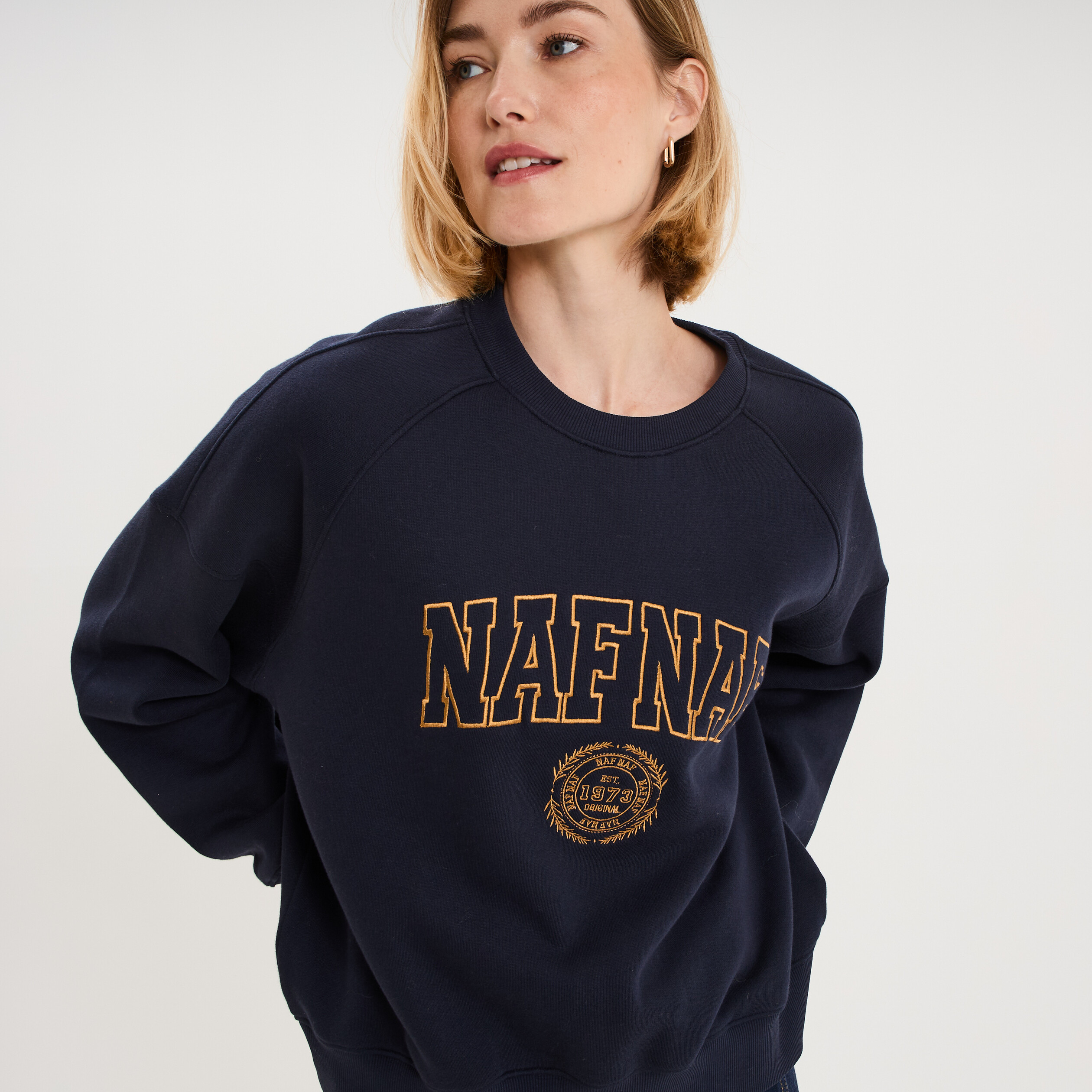 Sweat oversize logo NAF NAF brod&eacute; bleu fonc&eacute; femme