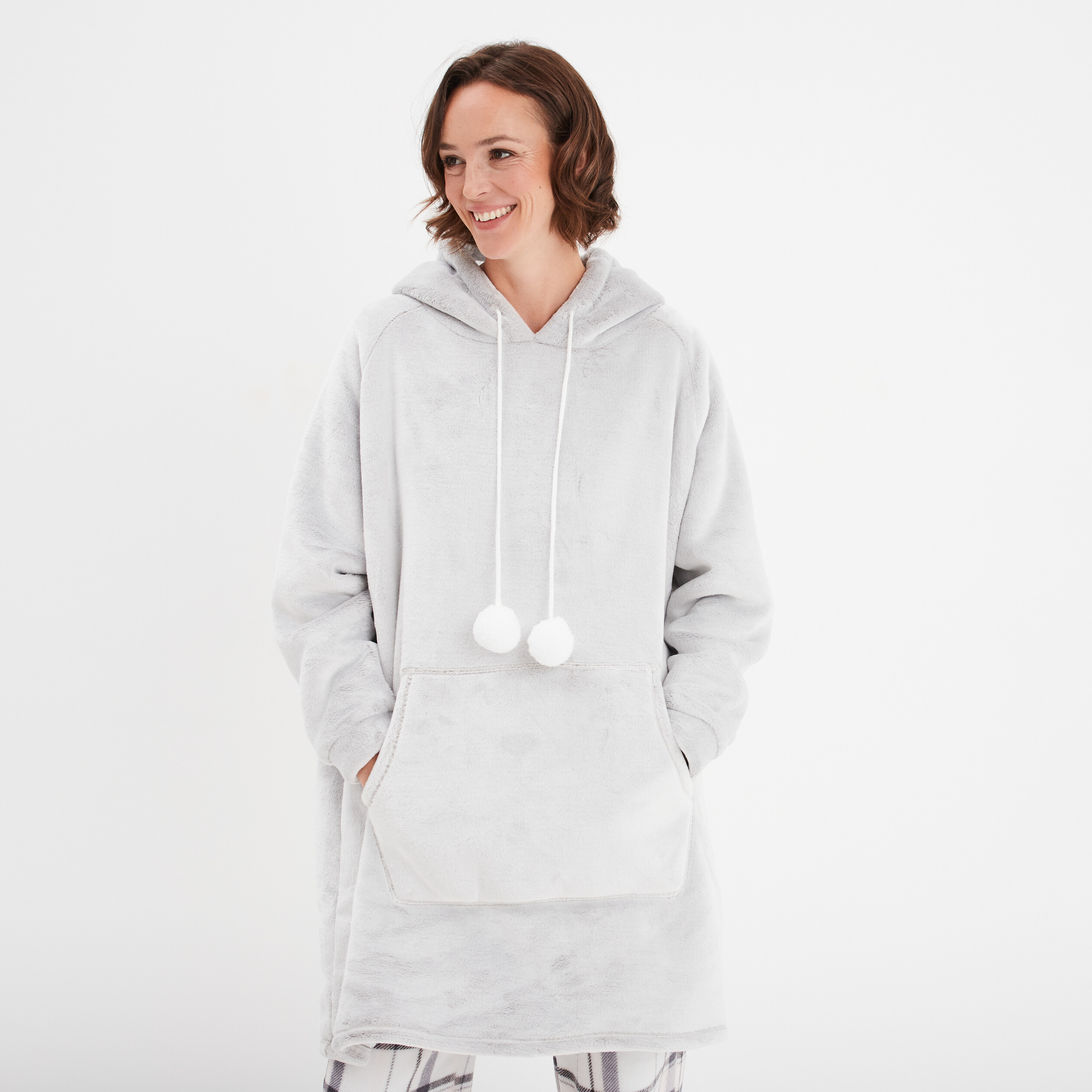 Poncho plaid polaire à capuche taupe femme La Halle