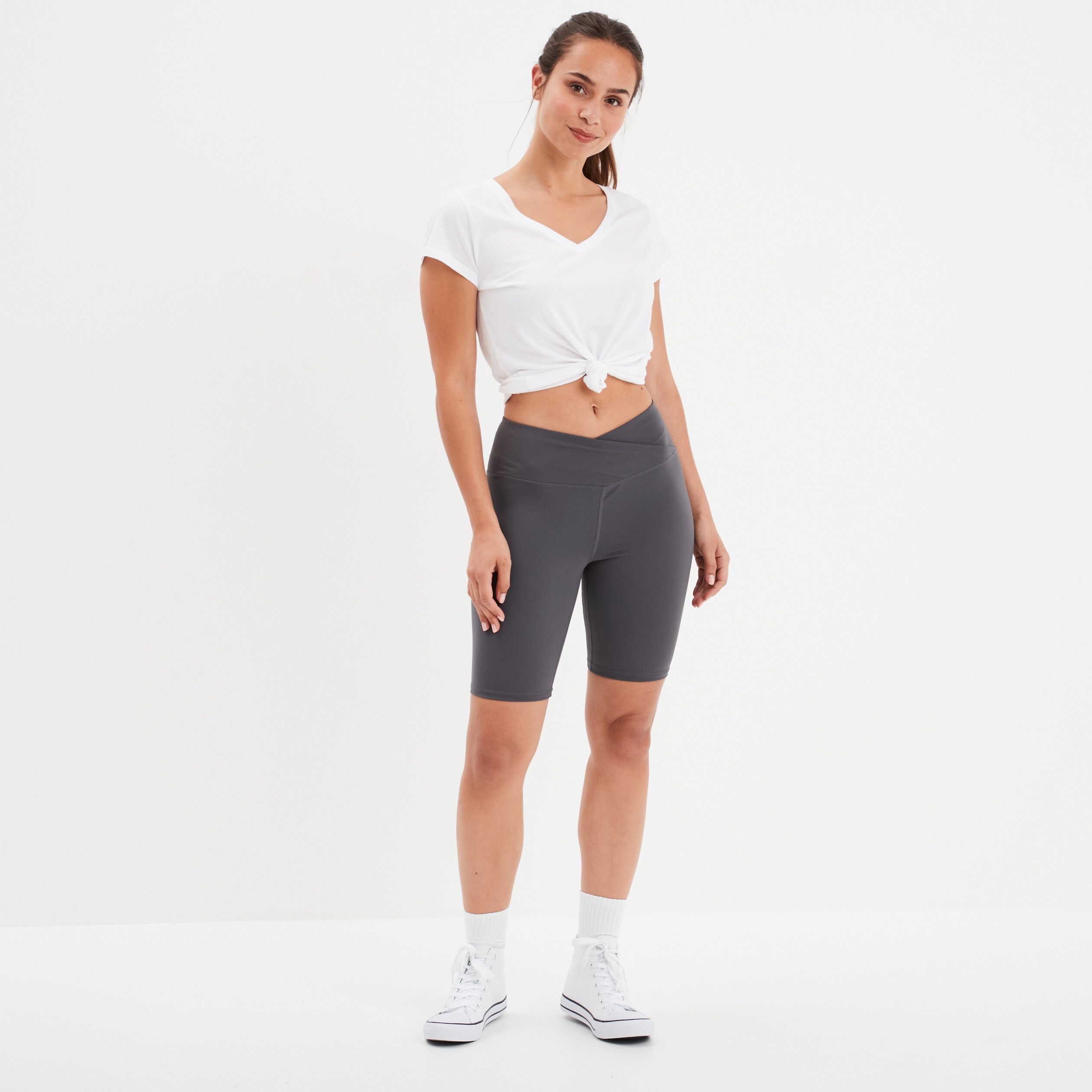 Legging court cycliste stretch taille V gris fonce femme La Halle